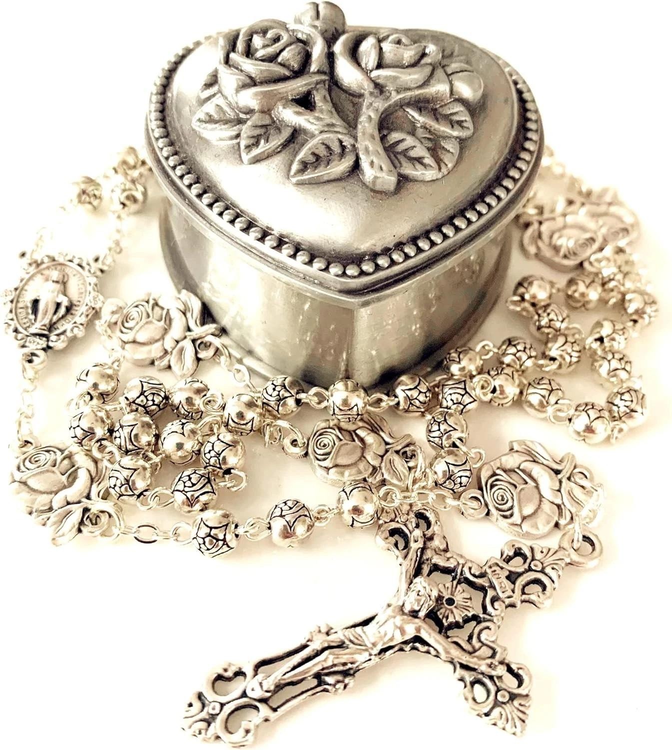 Handmade 925 Silver Rose Beads Catholic 5-decade Rosary with Cross Gift ..