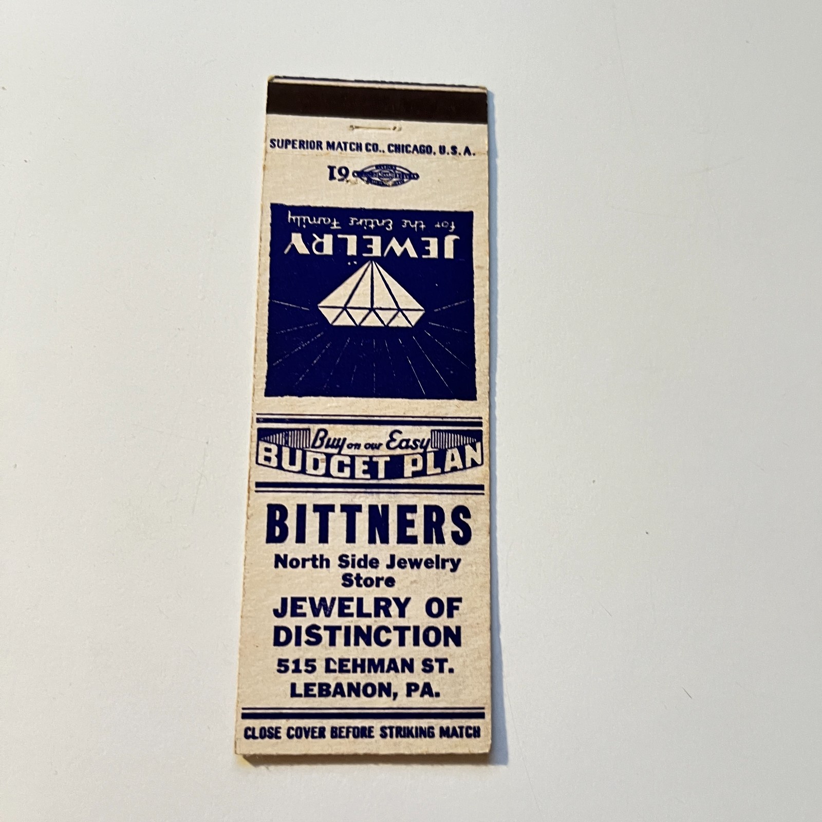 Bittners Jewelry Of Distinction Lebanon PA Vintage Matchbook Cover 4MB105-3