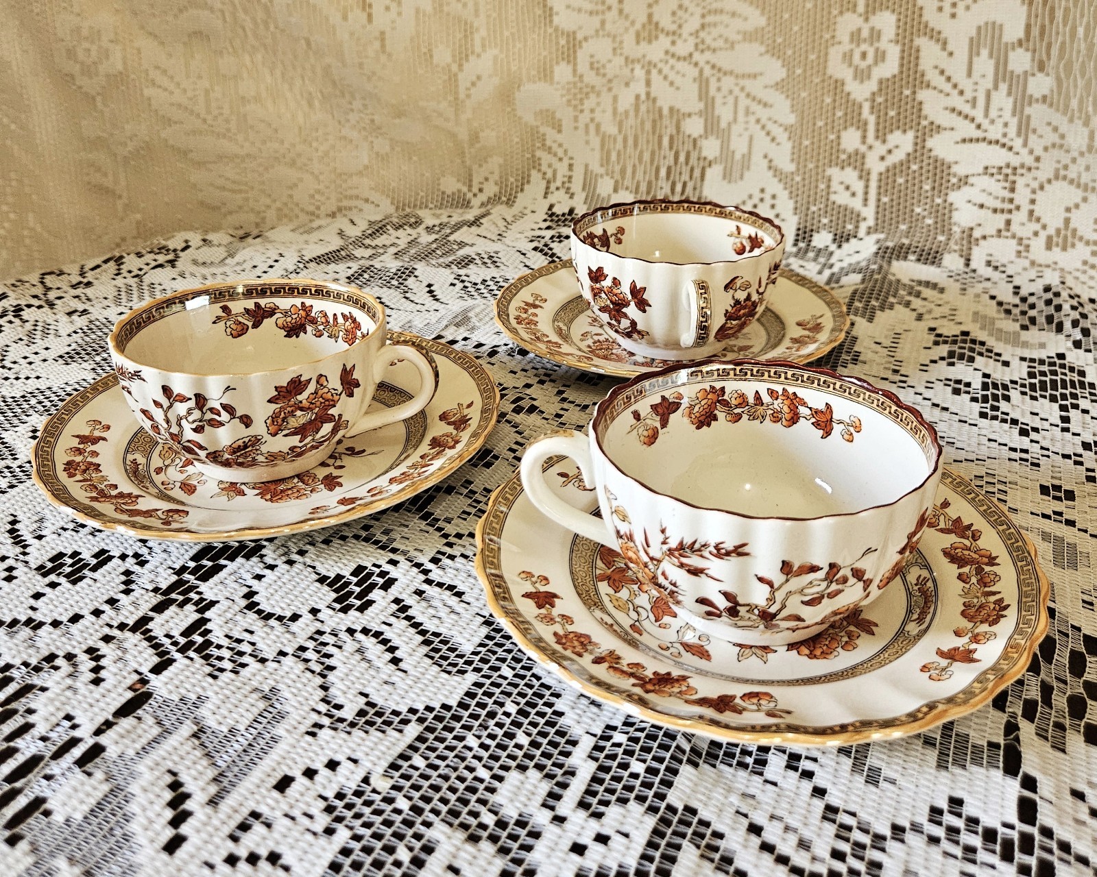 Set of 3 Vintage Copeland Spode India Tree Orange Rust Cups & Saucers Antique