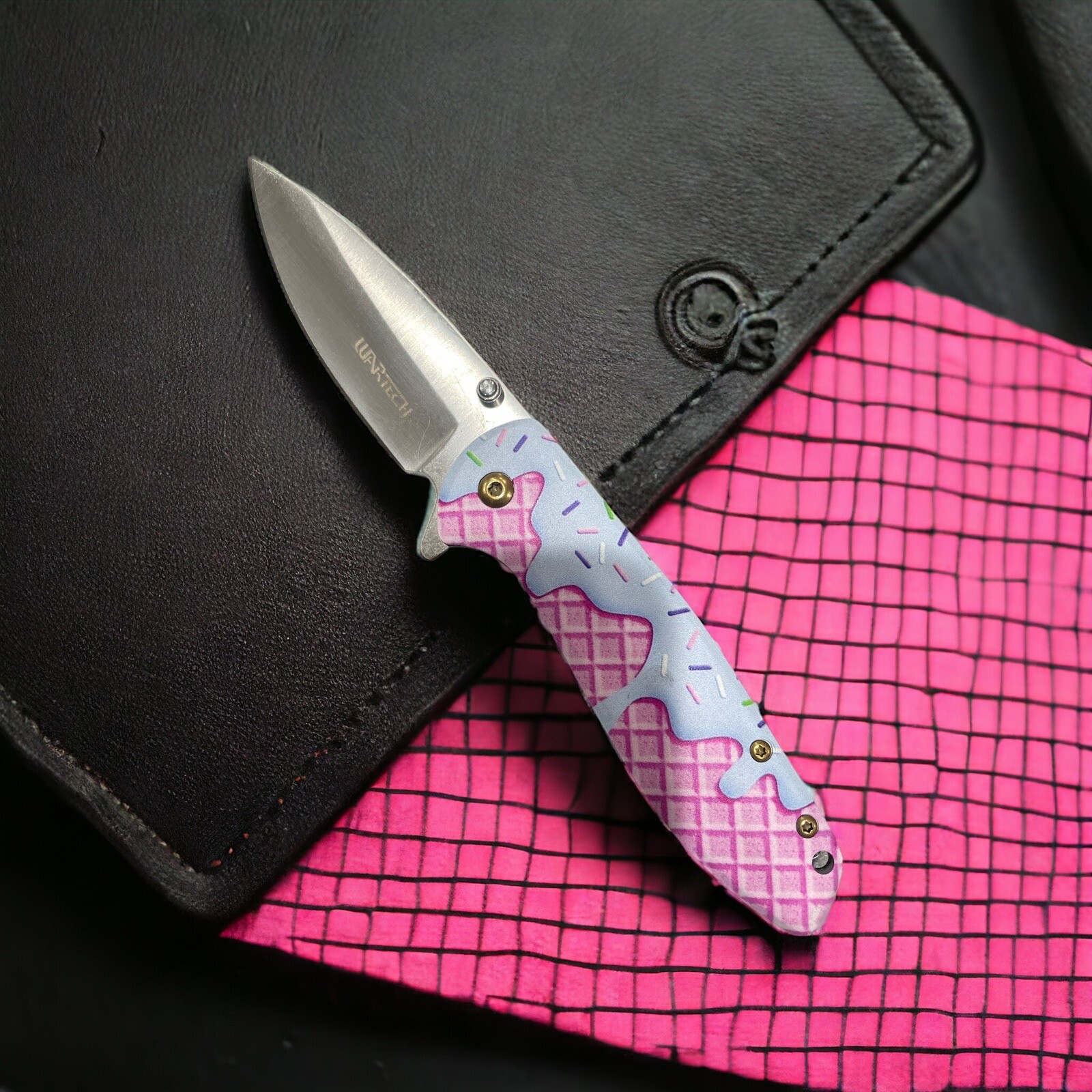 7.75” Spring Assisted tactical Sprinkles theme Pink Femme Fatale pocket Knife 6A