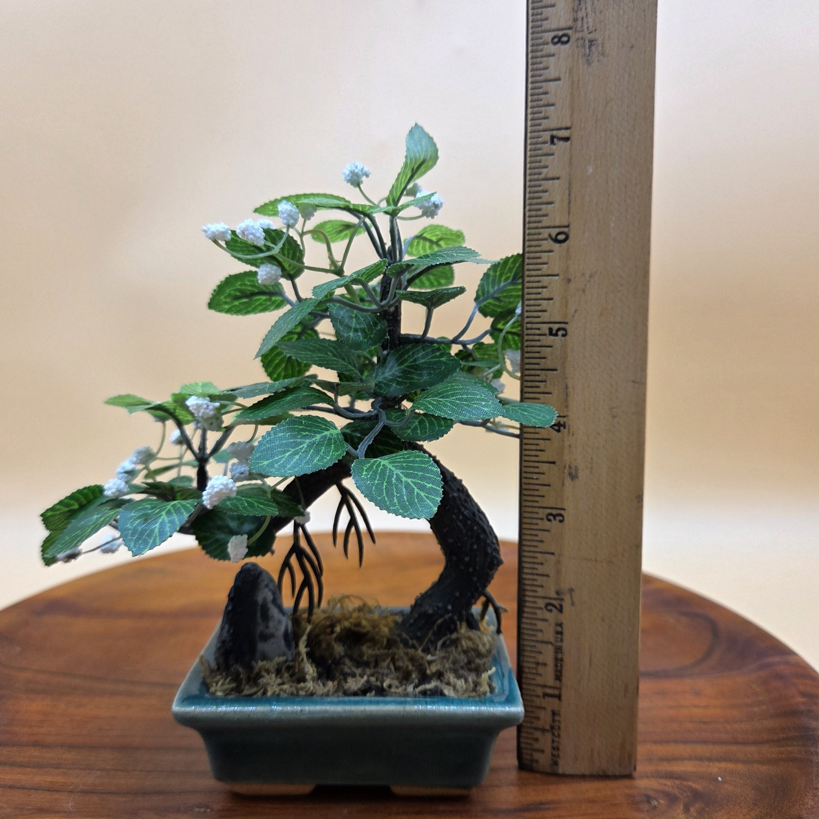 Vtg Artificial Flowering Tree Miniature Bonsai In Green Pot With Rock Decoration