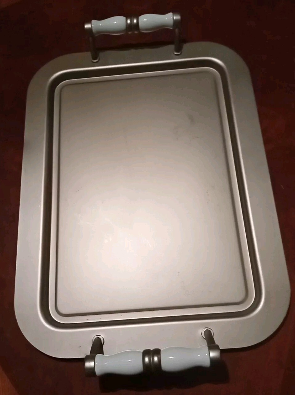 International Silver Company Tray W/CERAMIC HANDLES 20″X14″ lightly Used. dd