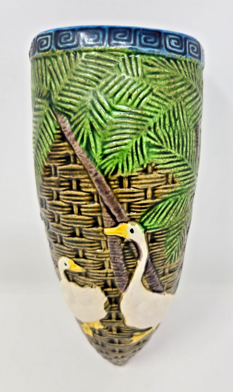 Vintage Hand-Painted Ceramic Duck Wall Pocket Vase 7.5″ Tall Tropical Bamboo