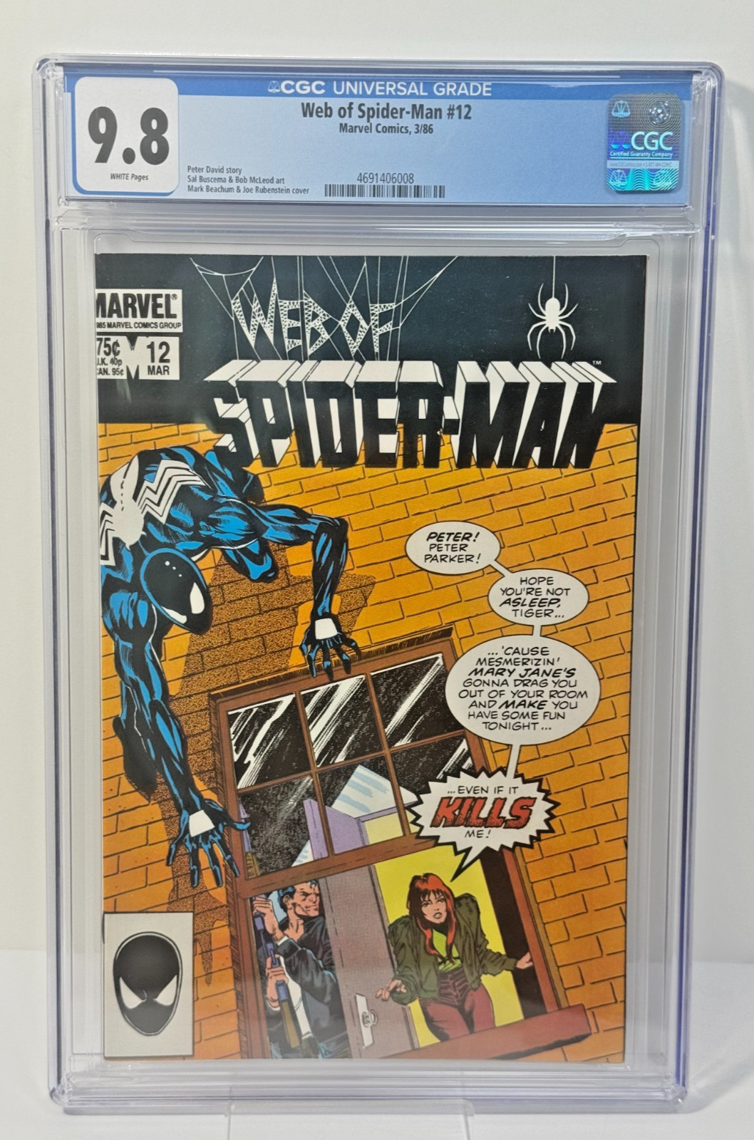 Web of Spider-Man #12 CGC 9.8 White Pages Black Suit Spider-Man Marvel 1986