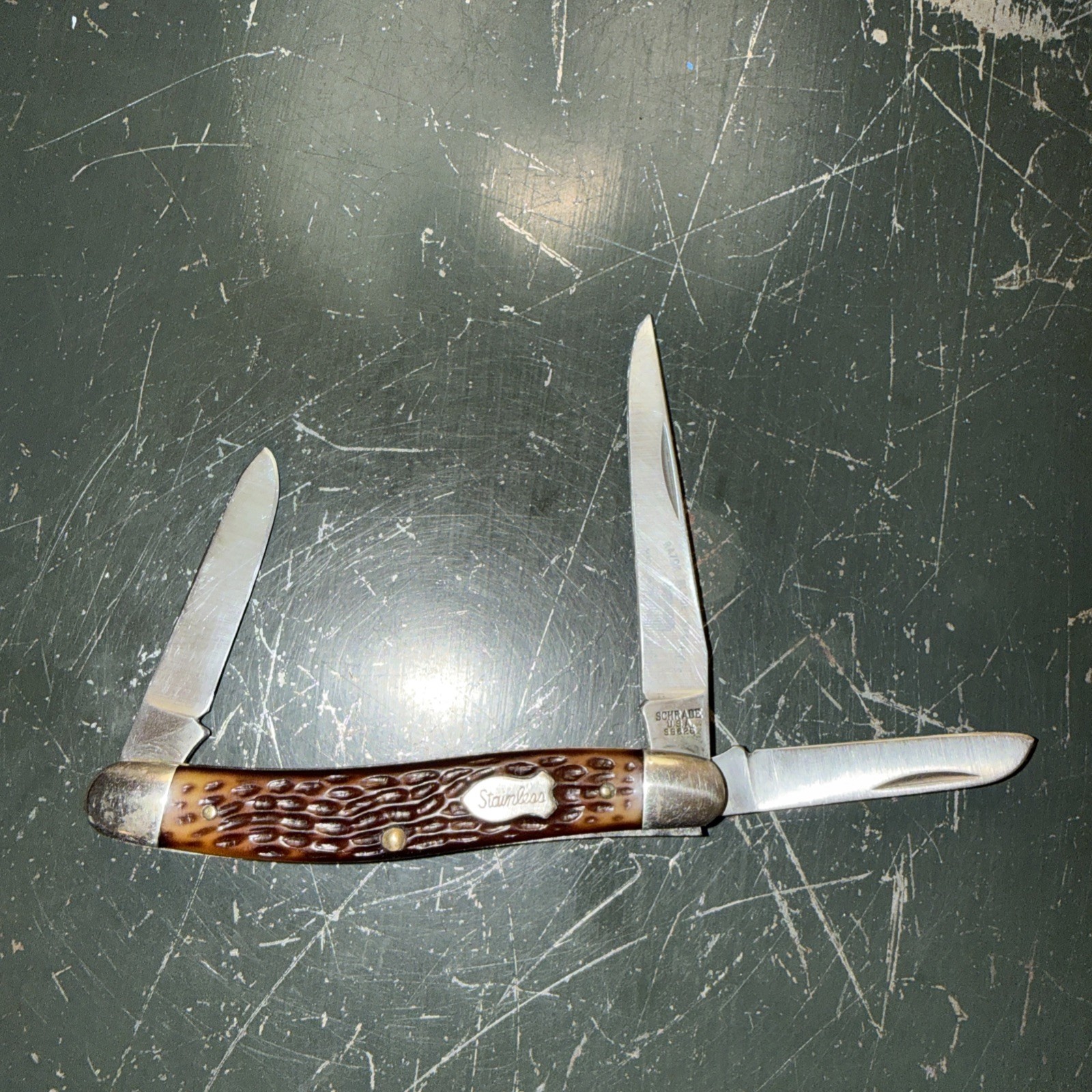 VINTAGE SCHRADE USA SS825 RAZOR BLADE STAINLESS JIGGED DELRIN STOCKMAN KNIFE