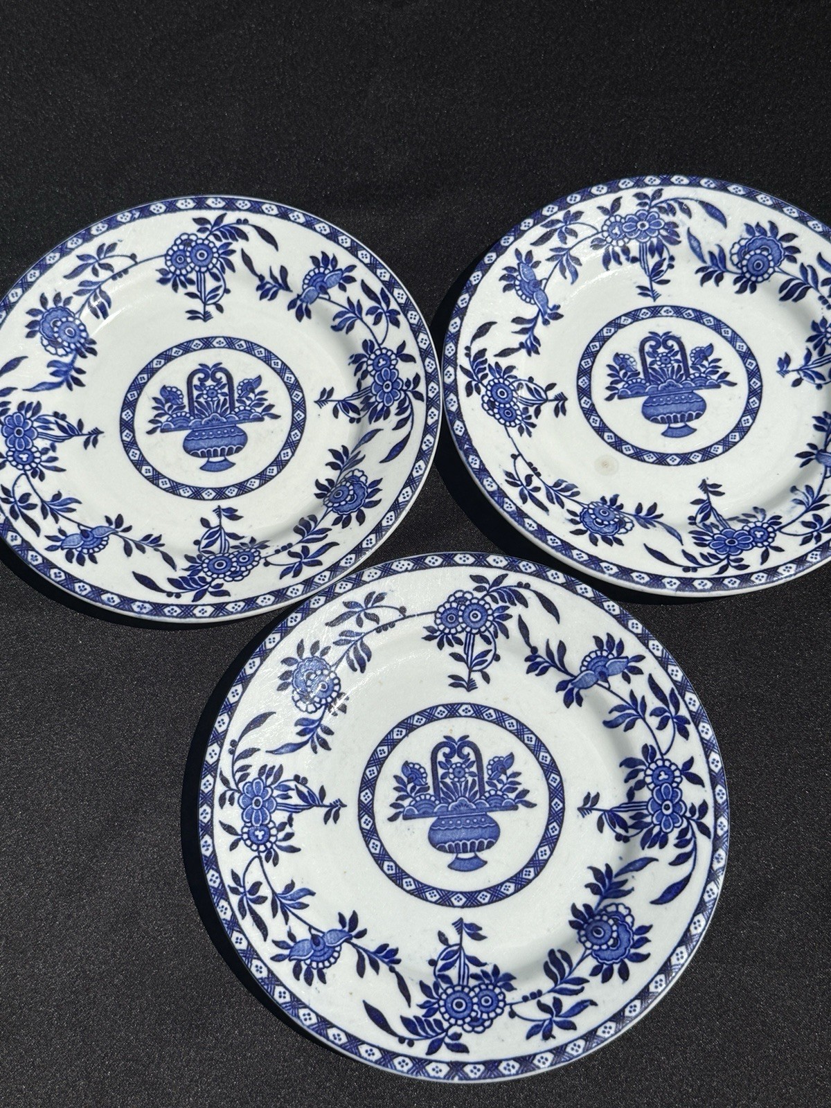 Antique Wood & Sons Delph Blue White Transferware 7” Salad Plates Set of 3 1900