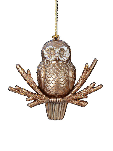 KURT S. ADLER BROWN GLITTERED OWL ON BRANCH CHRISTMAS TREE ORNAMENT