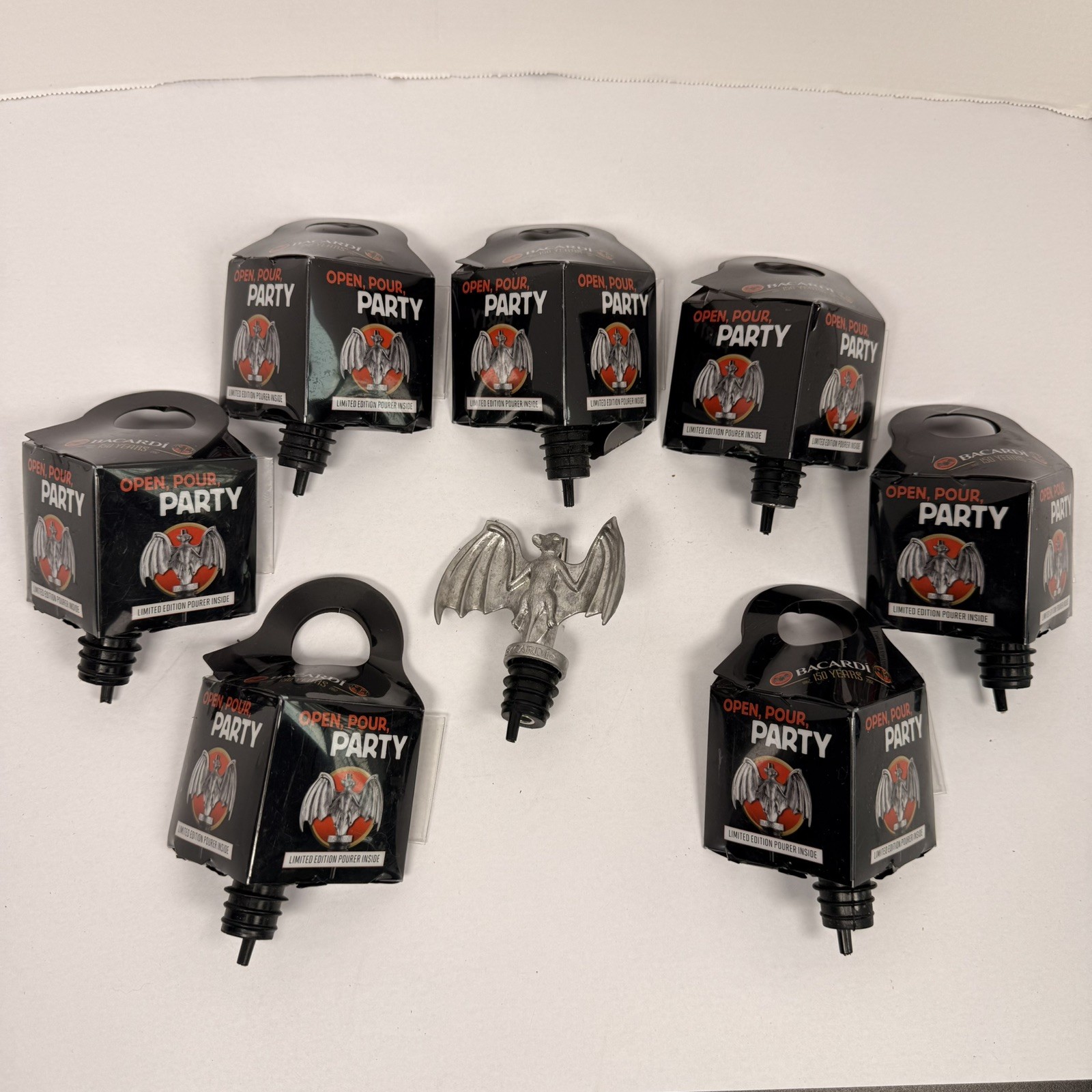 Lot Of 8 BRAND NEW 2012 Pewter BACARDI Rum Metal BAT POURER Liquor Spout Beware