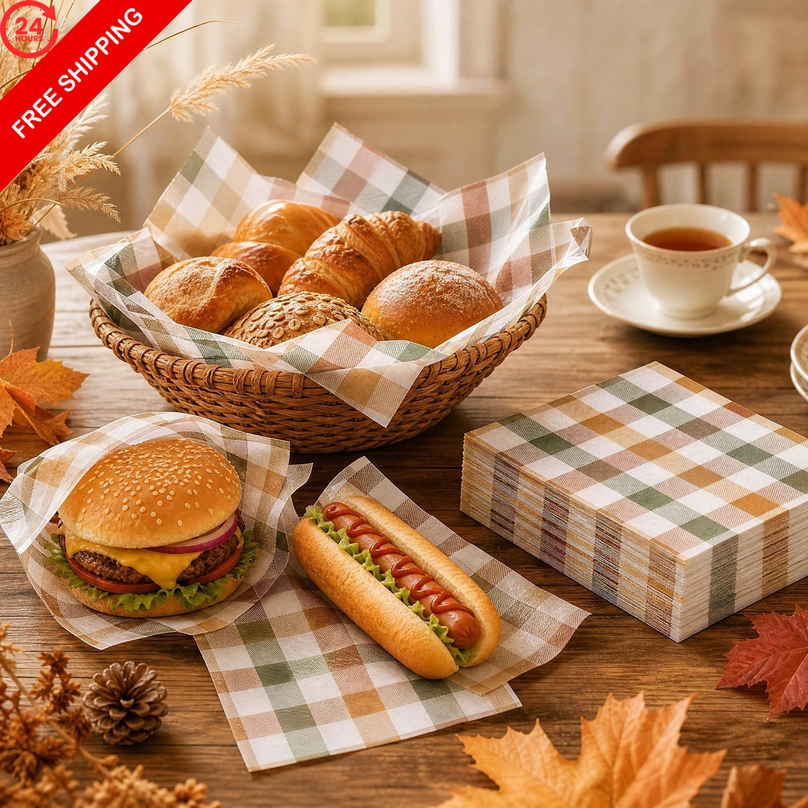 150 Sheets Fall Buffalo Plaids Wax Paper for Food Deli, 9.8 x 8.3 inch,