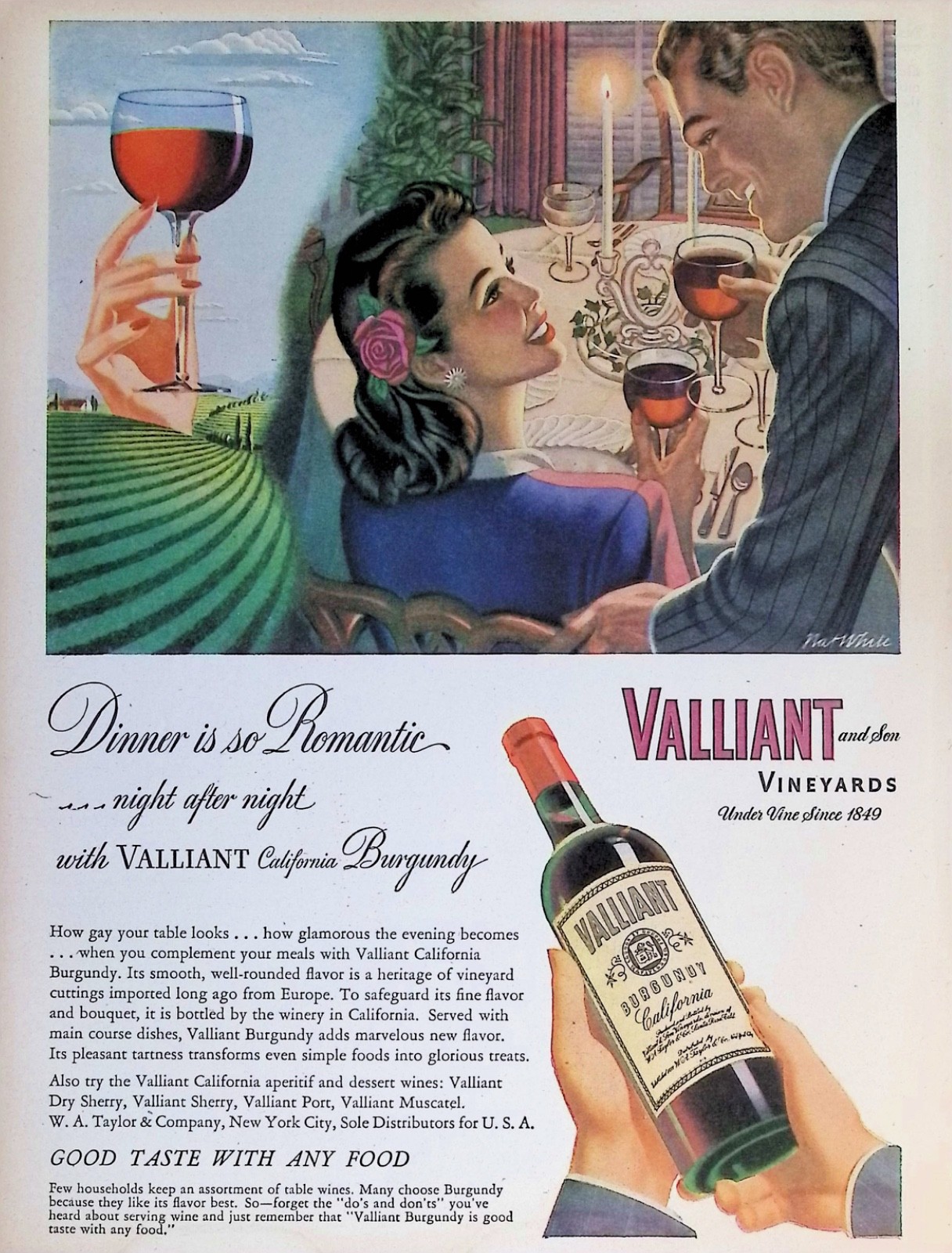 Original 1946 Valliant Burgundy Wine Ad: Nat White Art Romantic Vineyard Dinner