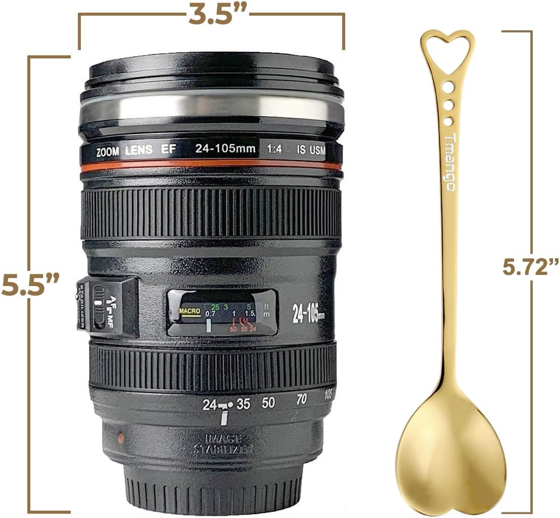 Camera Lens Coffee Mug with Lid & Spoon Lightweight Lens Cup Gift