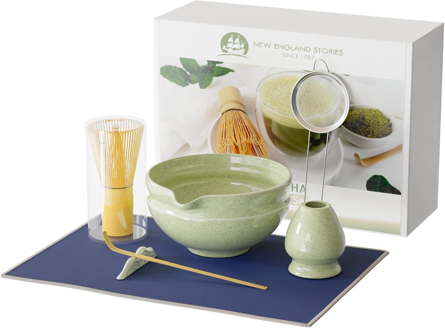Matcha Whisk Set 7PCS Ceramic Bowl Bamboo Whisk Tea Ceremony Kit Green