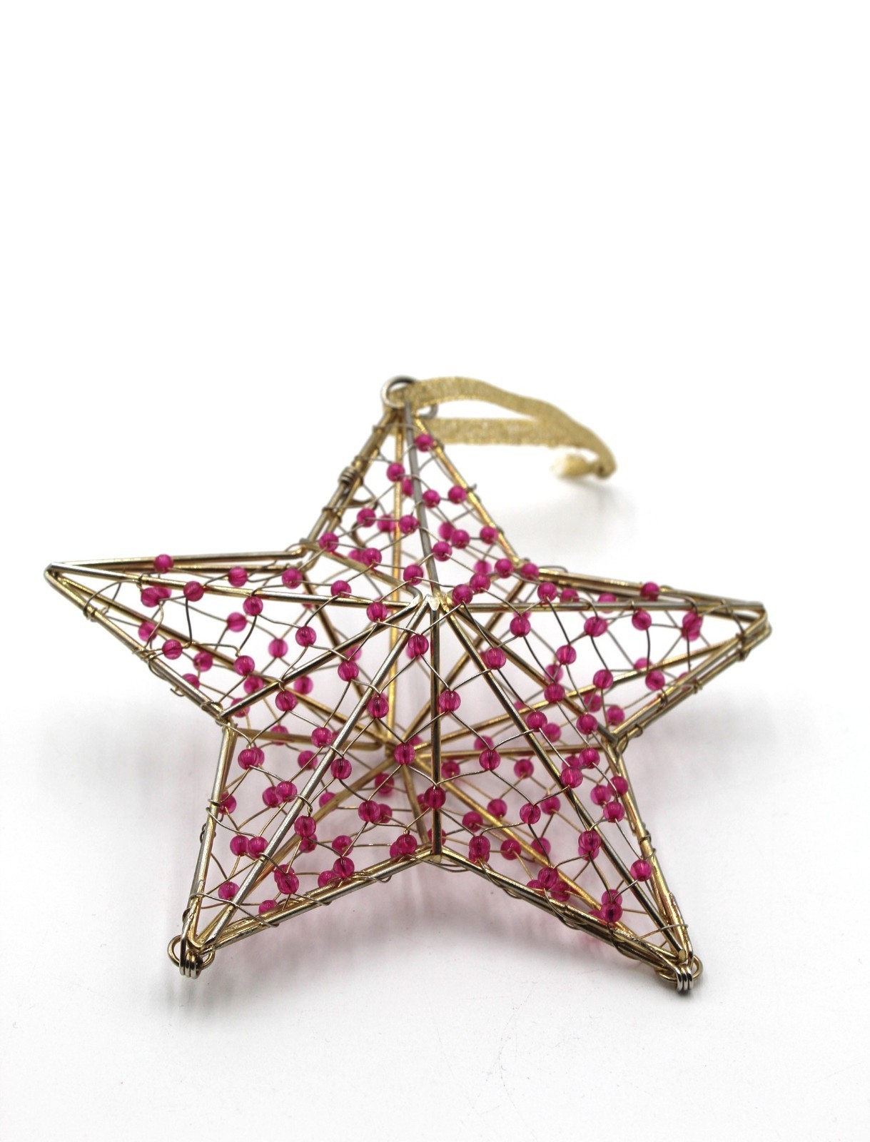Gold Wire 3D 5 Point Star With Pink Beads 6″ Hanging Christmas Tree Ornament