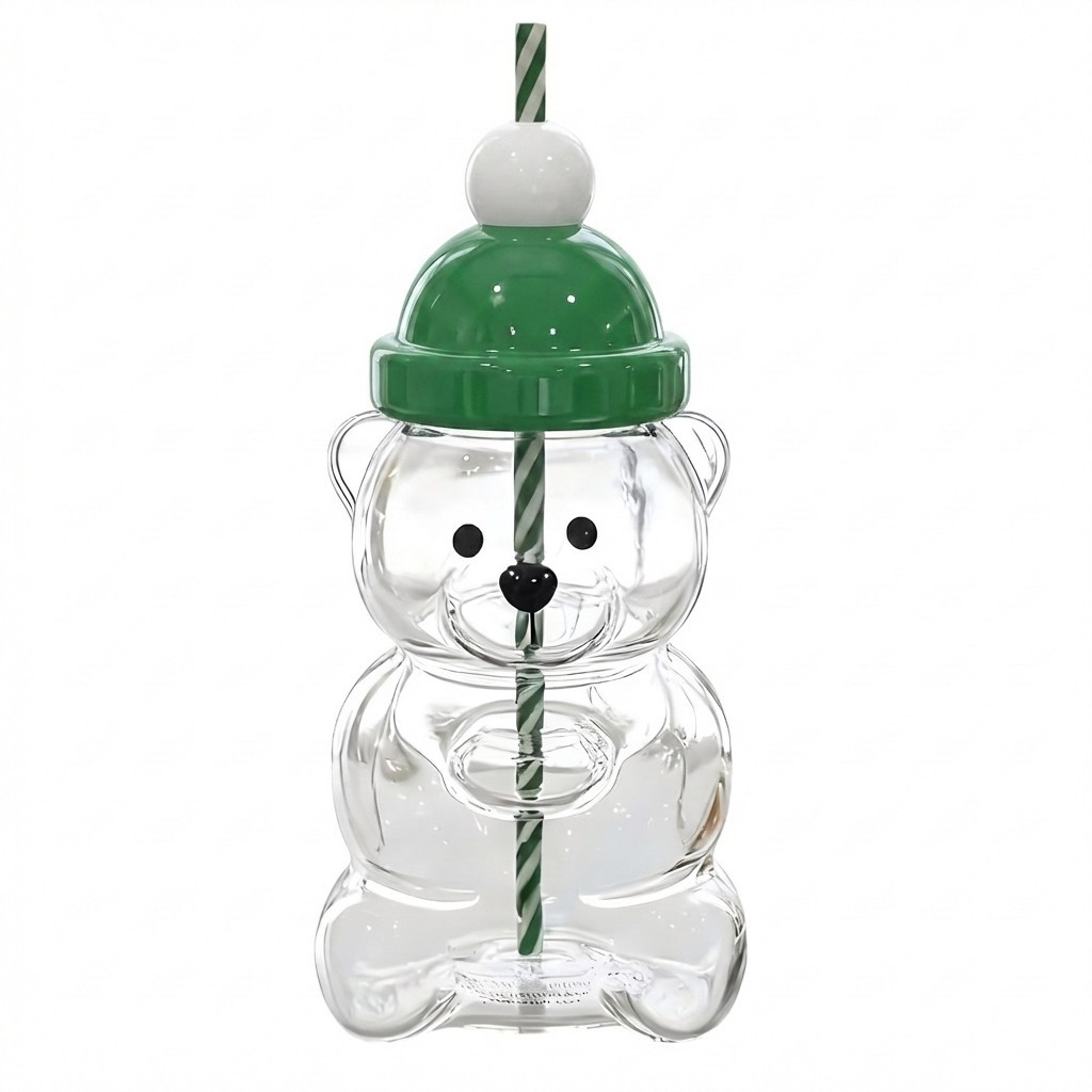 Bear Glass Mug with Straw, Bear Shaped Glass Cup with Lid for Iced Coffee, 20 oz