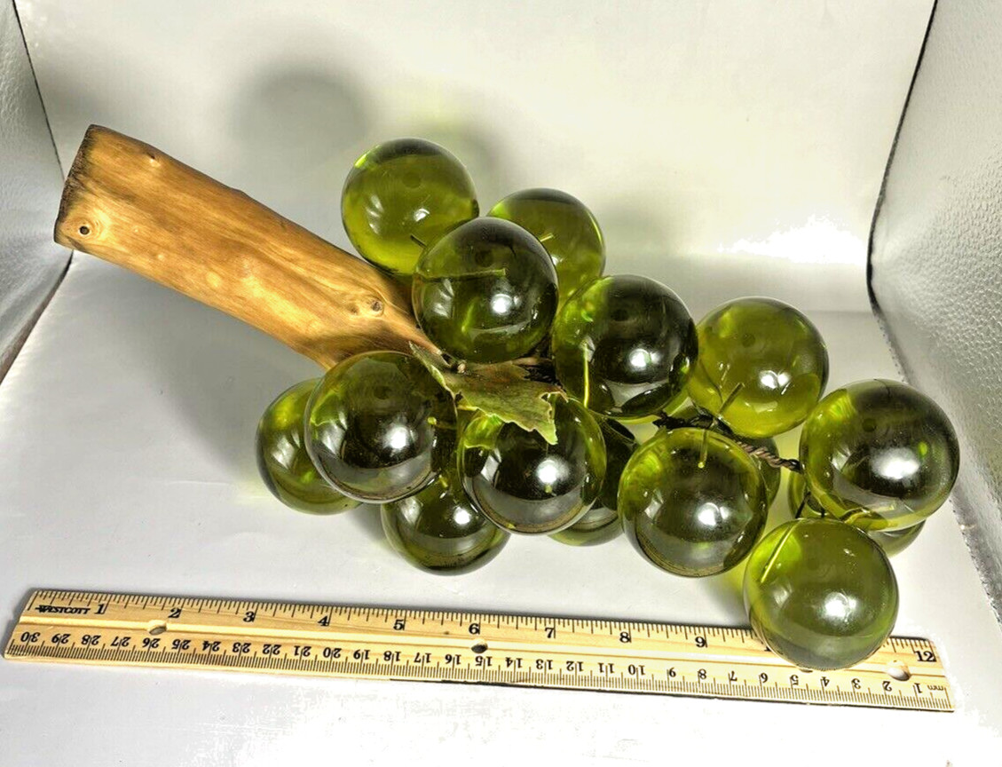 Lucite Acrylic Grapes Cluster Olive Green Driftwood Stem 11.75″ VTG MCM Decor