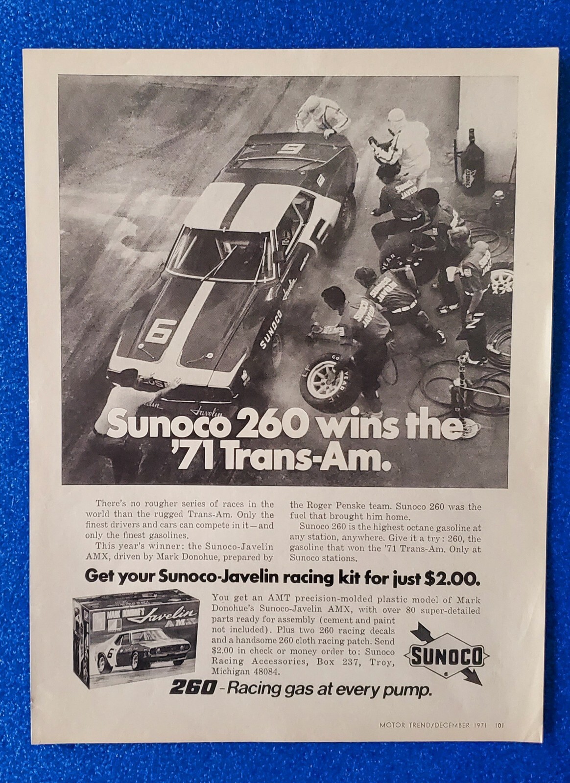 1971 AMX JAVELIN RACE CAR W/SUNOCO 260 FUEL MARK DONOHUE SCCA CHAMPION PRINT AD