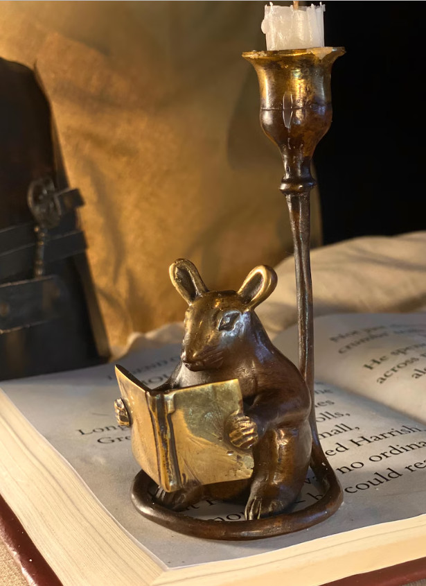 Handcrafted Brass Mouse Candle Holder – Whimsical Patina Decor Gift