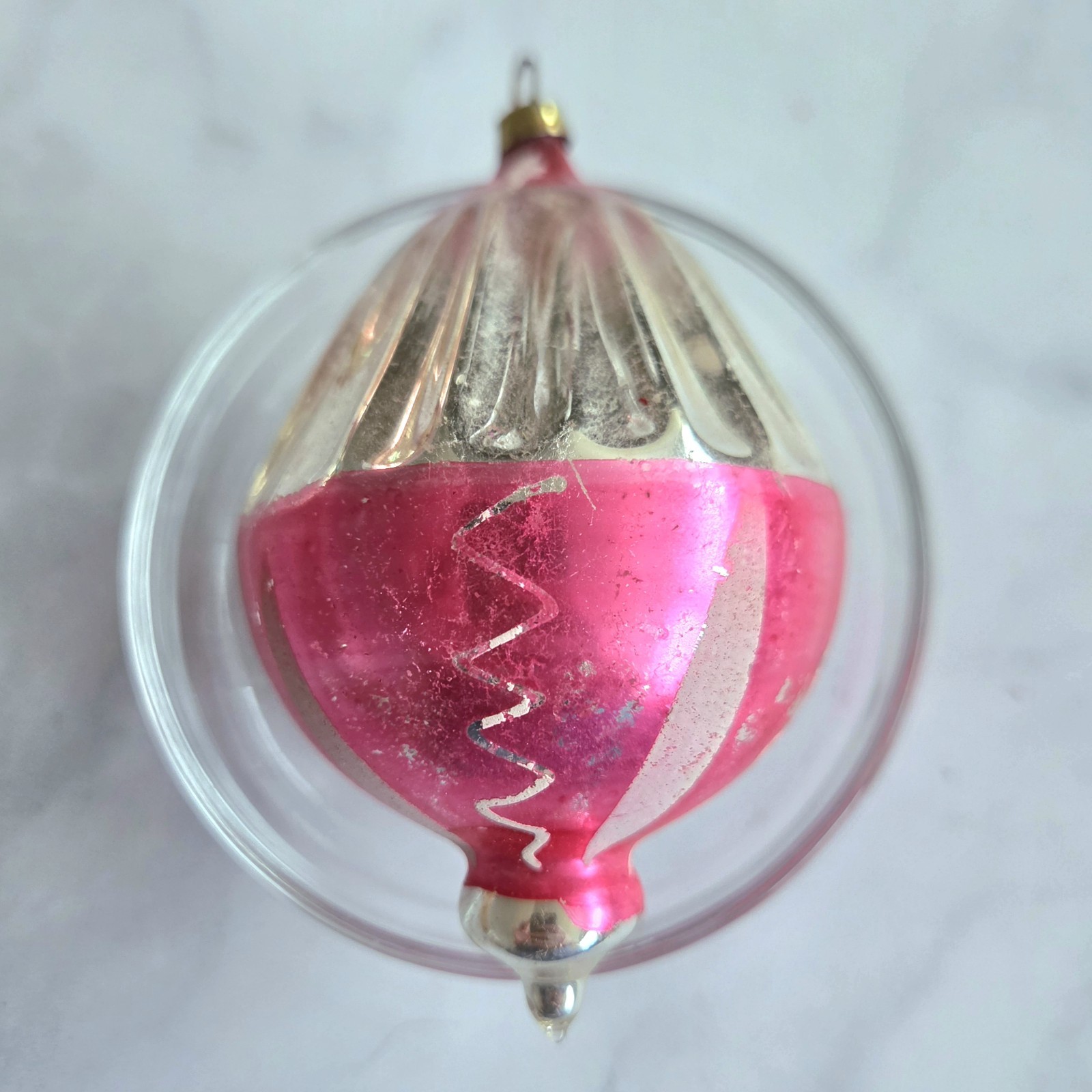 Vtg Jumbo 4″ Mercury Glass Parachute Christmas Ornament Pink Silver Poland MCM