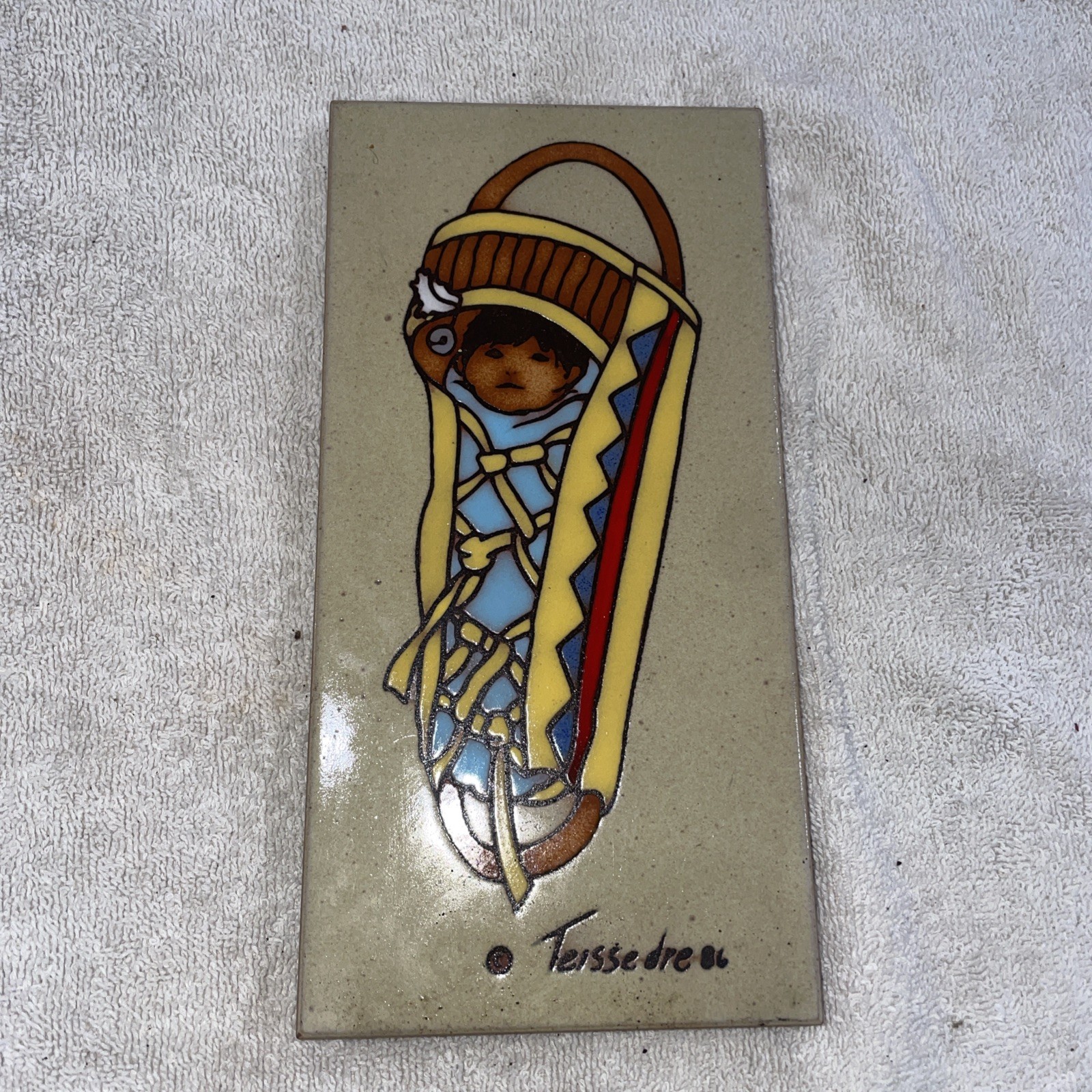 Vintage Ceramic Tile 1986 Cleo Teissedre Handpainted Kiln Fired 8″ x 4″ Decor