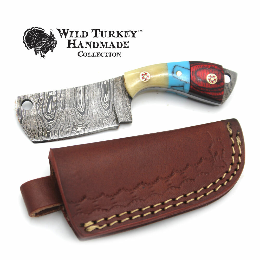 Wild Turkey Handmade Damascus Collection 5.5″ Mini Fixed Blade Clever w/ Sheath