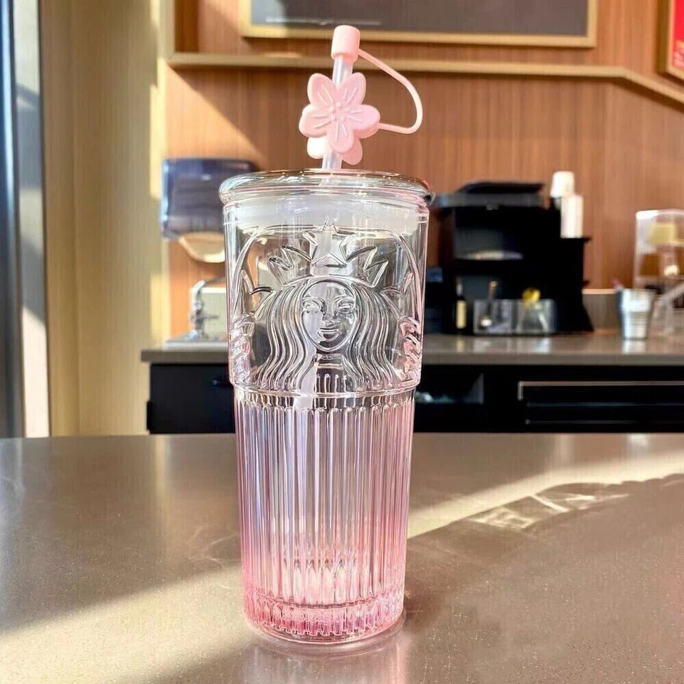 New Glass Cup Gradient Sakura Tumbler w/Cherry blossom Topper