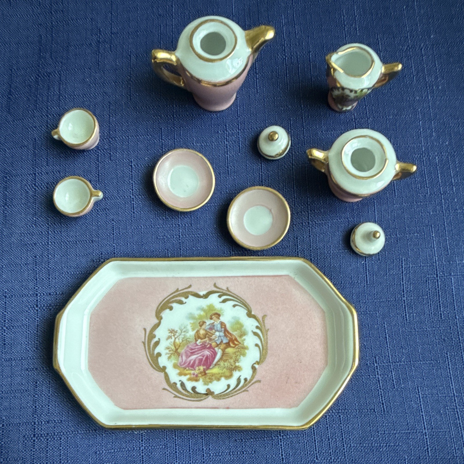 Limoges Mini Porcelain Tea Set Courting Couple Hand Painted Pink Gold 8pc