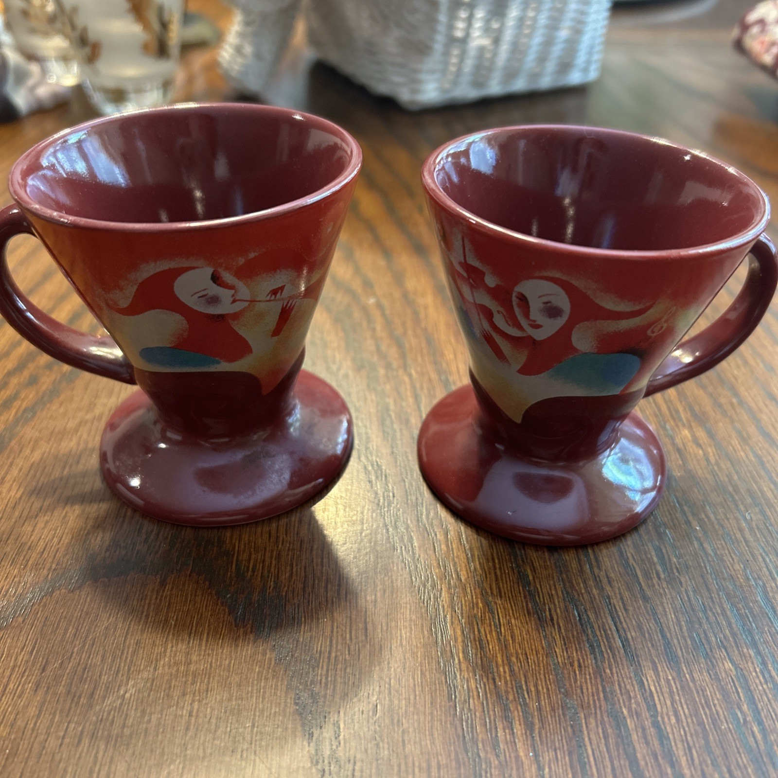 FRANGELICO LIQUEUR Espresso Cups LINDA FRICHTEL 1999 Set of 2 Maroon Red EUC