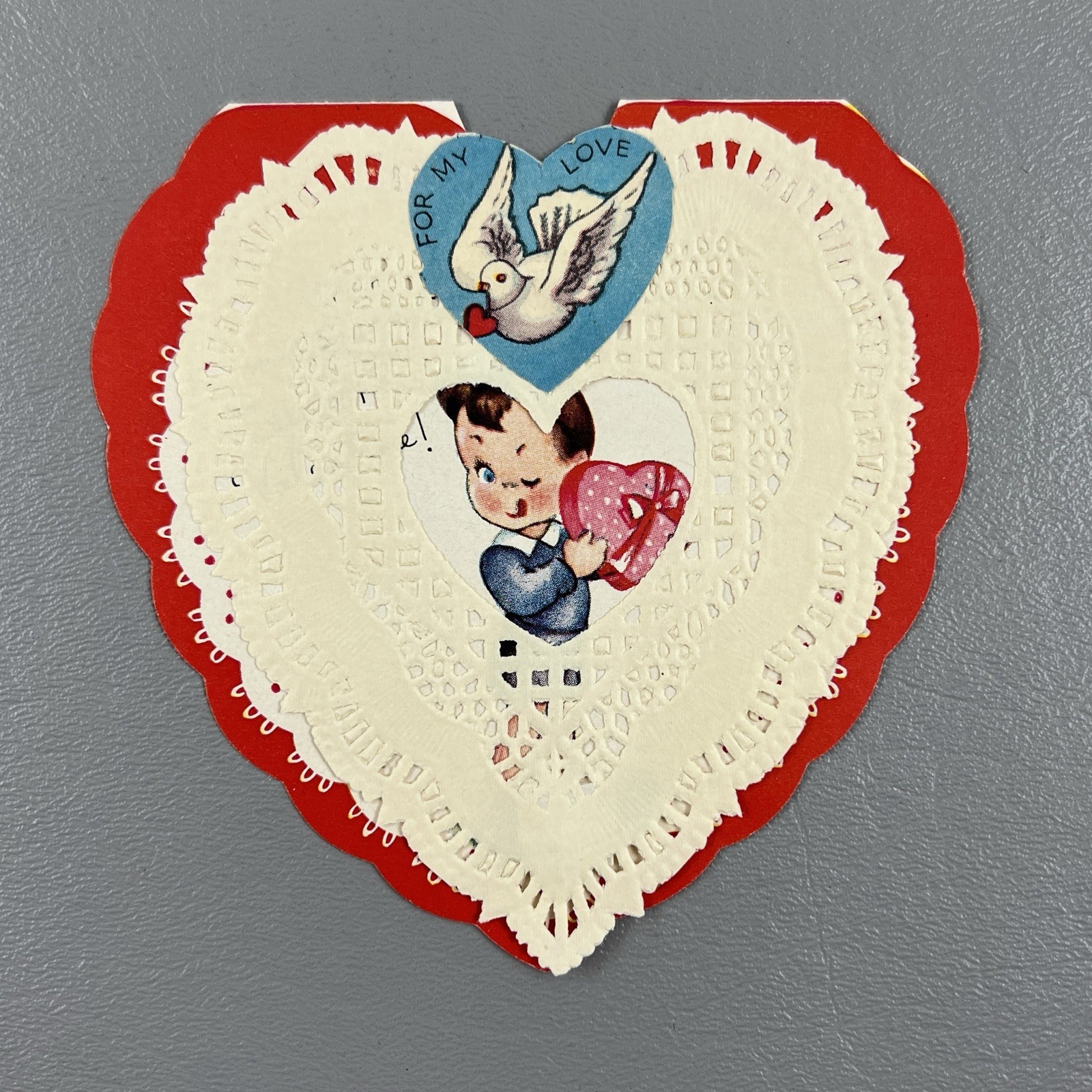 Vintage Valentine Card A-Meri-Card USA Die Cut Dove For My Love Boy Candy 4.5″