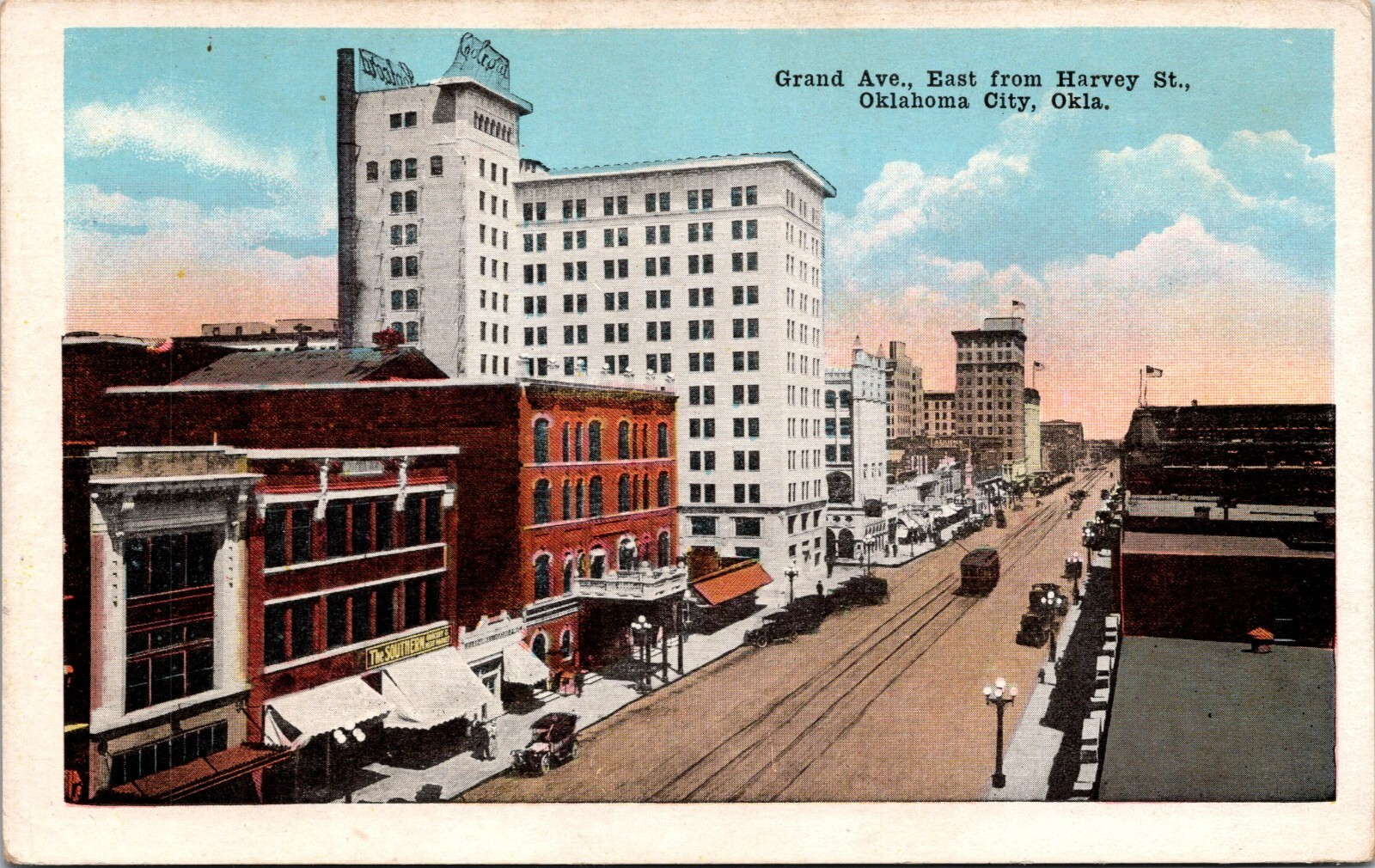Oklahoma City OK Grand Avenue Aerial View Trolley c1920s Autos WB postcard P9