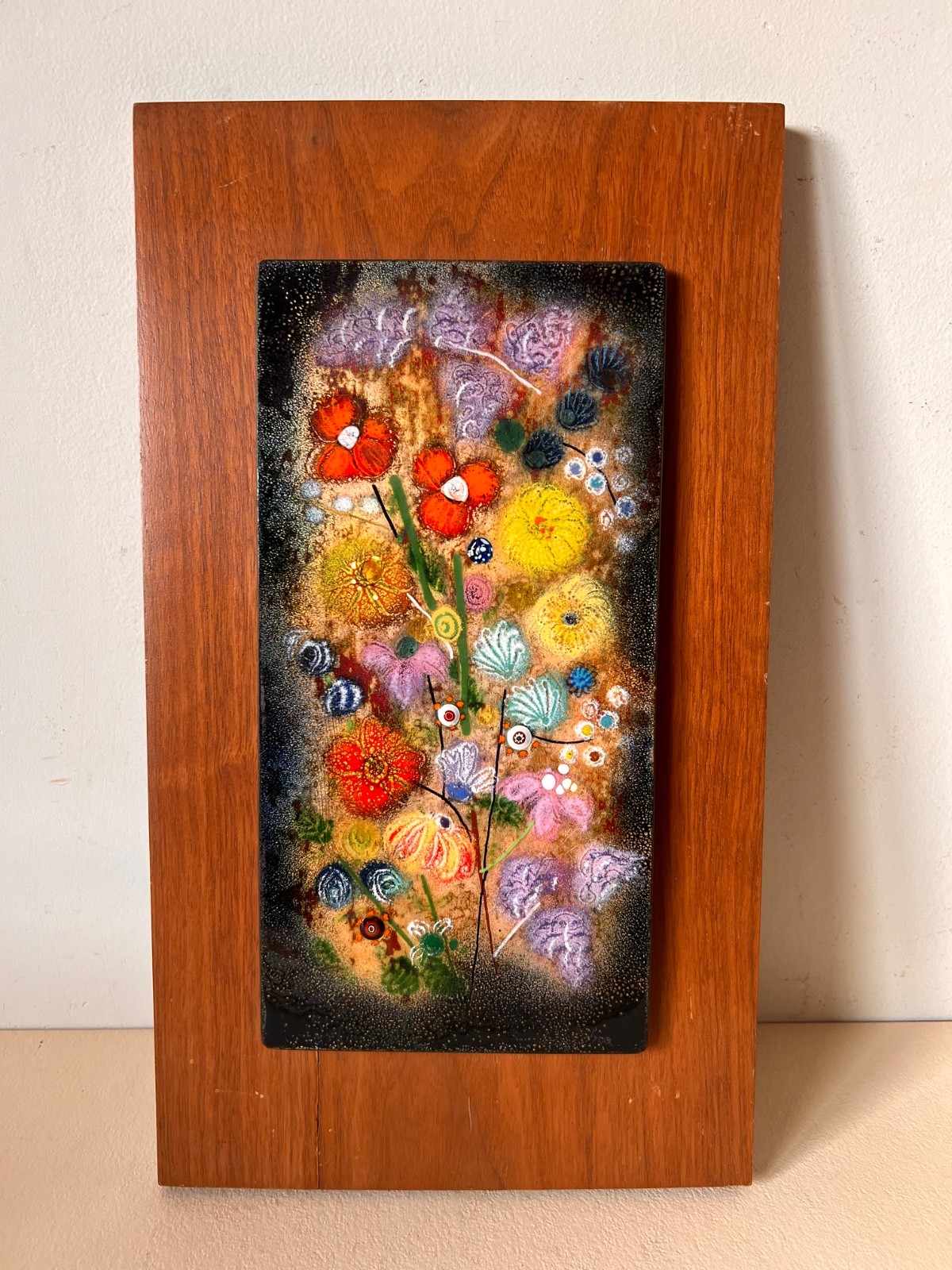 Signed INA Mid century vtg Enamel on Brass Wall Art Plaque Floral Abstract 8×14″