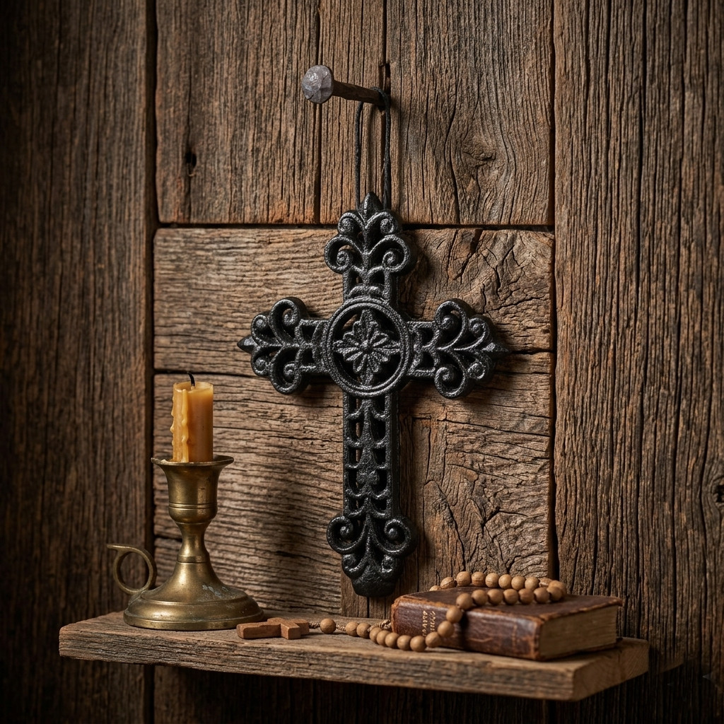 Small Cast Iron Fleur De Lis Vines Wall Cross Hanging Rope Glossy Black 5 1/2 in