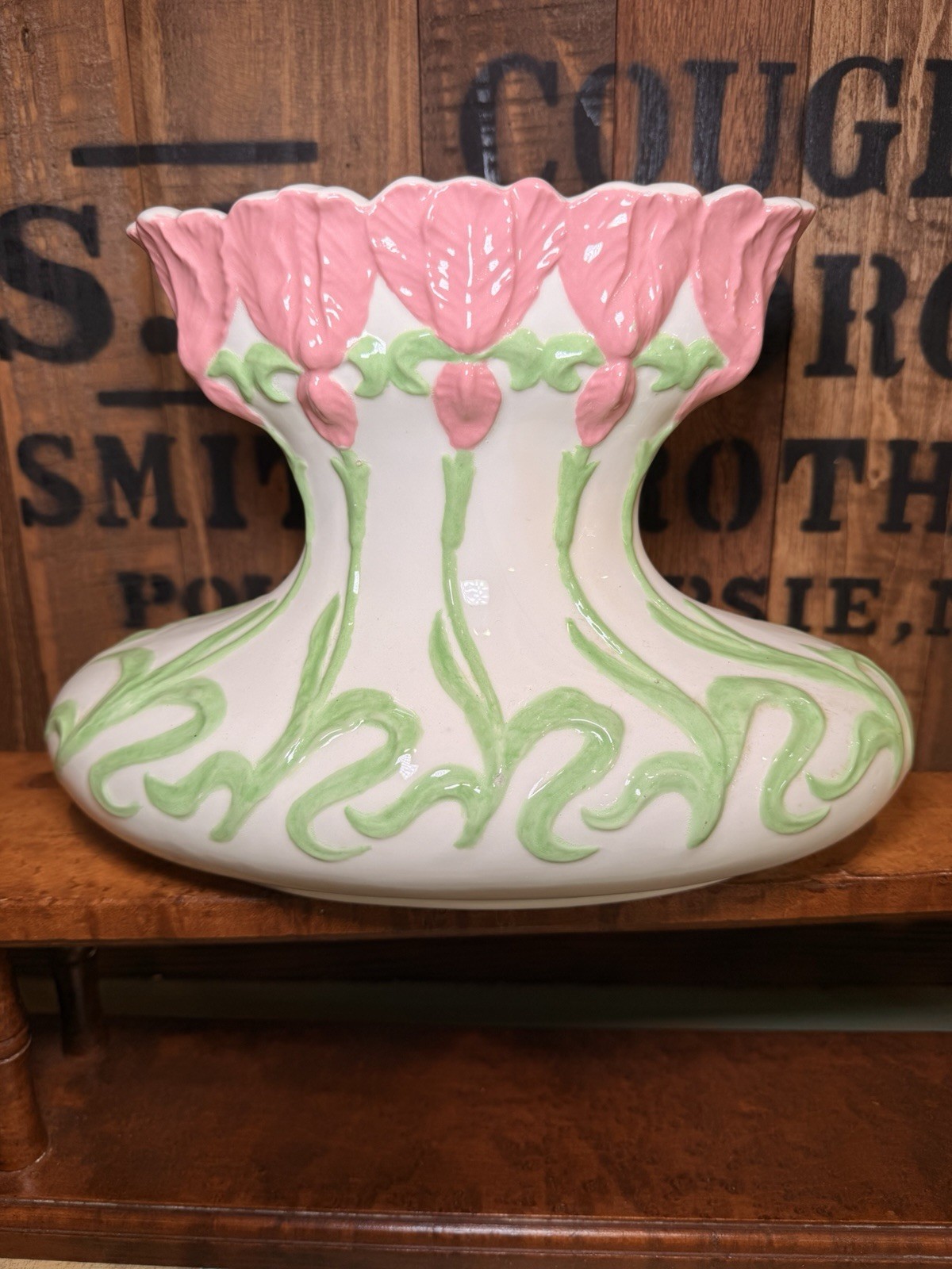 Vintage Ceramic Pink And Green Iris Flower Floral Hand Painted Vase 1970s Decor