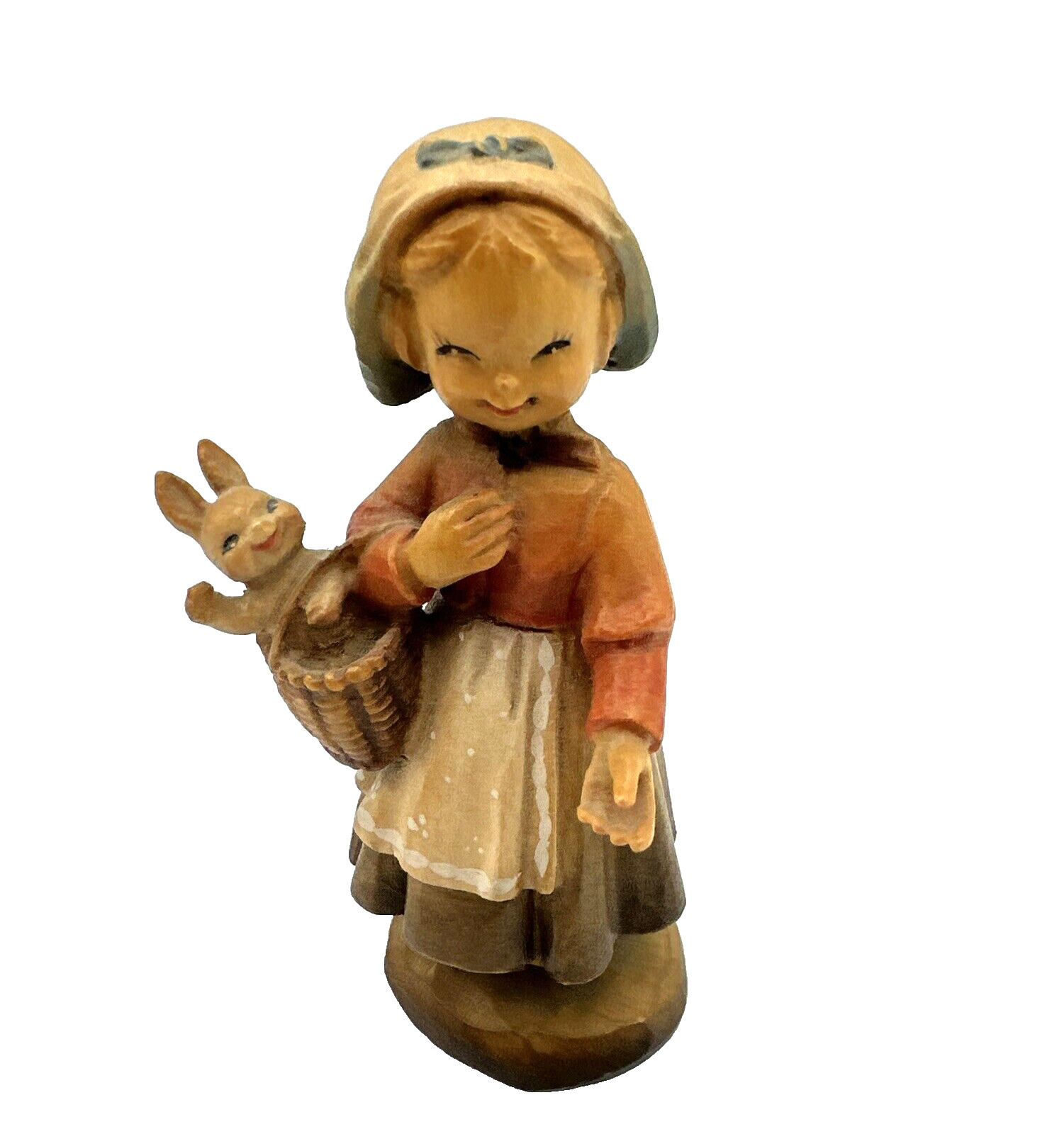 Vintage ANRI Club Wood Carving #1 Welcome Girl Bunny in Basket #665-001 4″ Italy