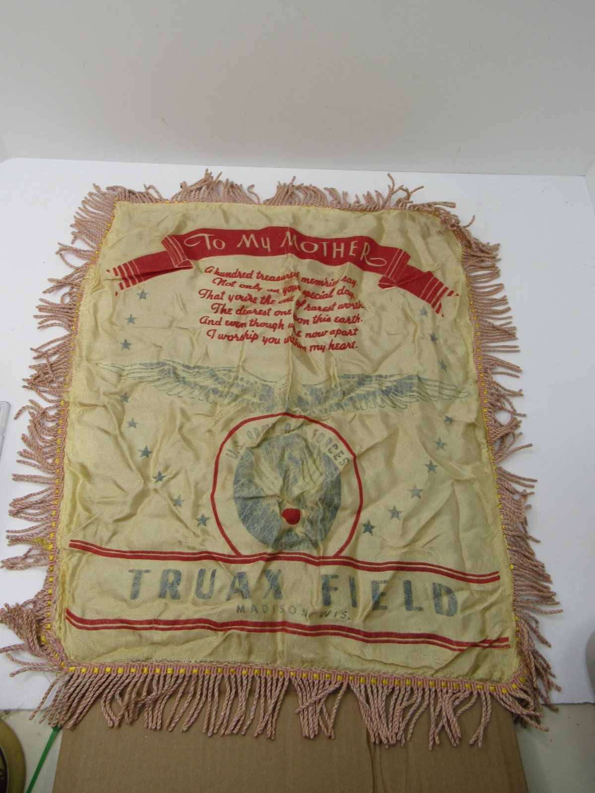 Vintage Silk Pillow Case Cover U.S.Army Air Force Truax Field Madison WI Mother