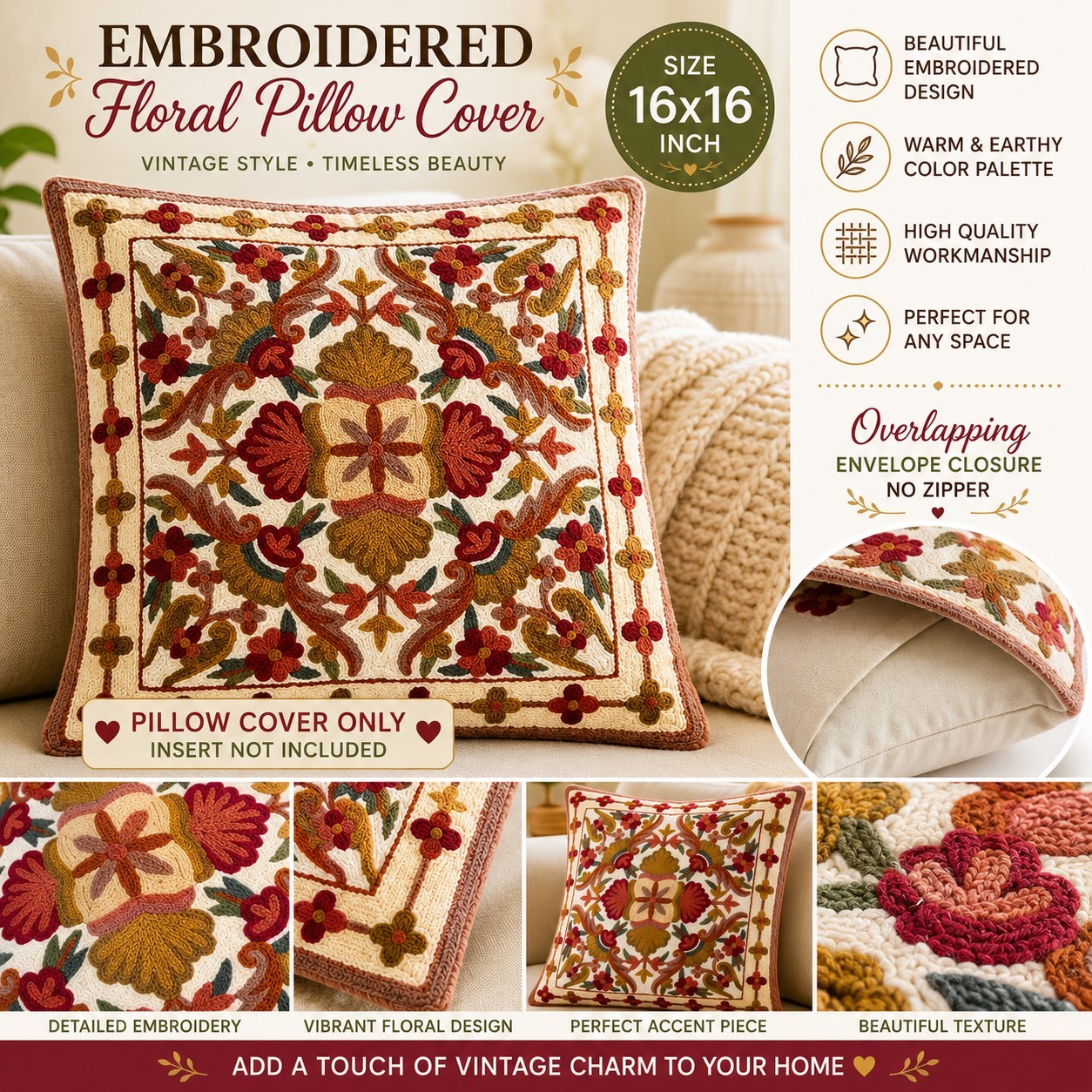 Vintage Embroidered Floral Pillow Cover 16×16 Envelope Closure No Zipper Boho