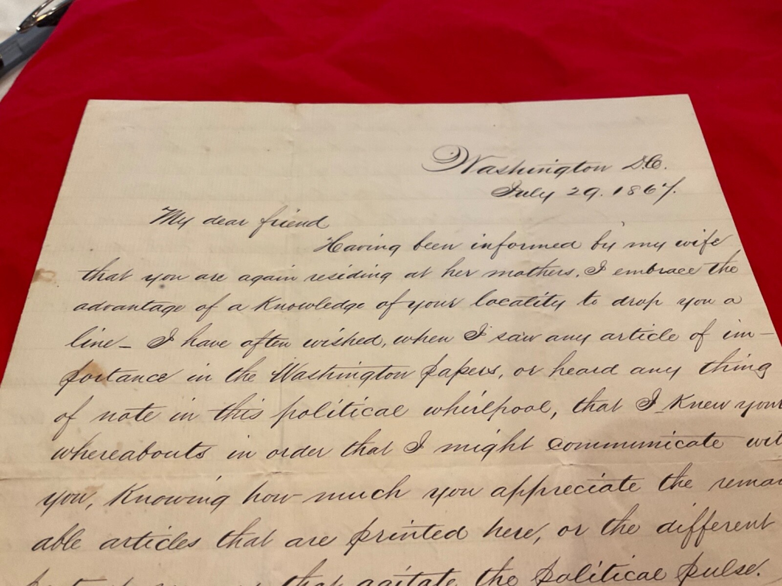 ANDREW JOHNSON DEPRAVITY & CORRUPTION LETTER WASHINGTON MOST CORRUPT TOWN