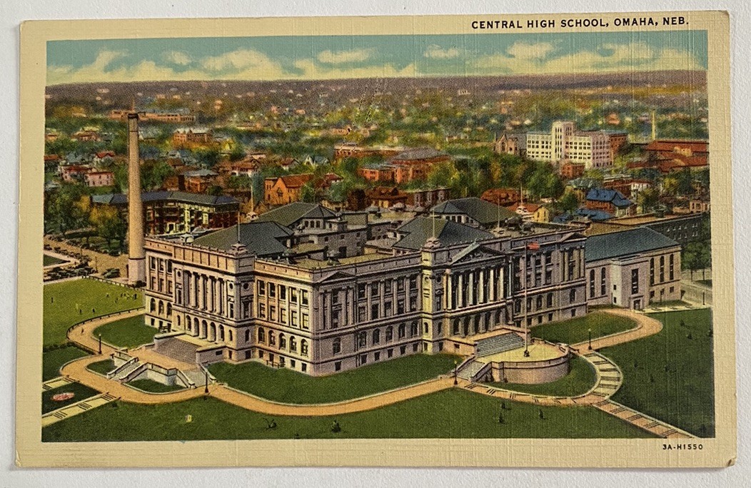 Vintage Linen Postcard ~ Central High School Aerial View ~ Omaha Nebraska NE