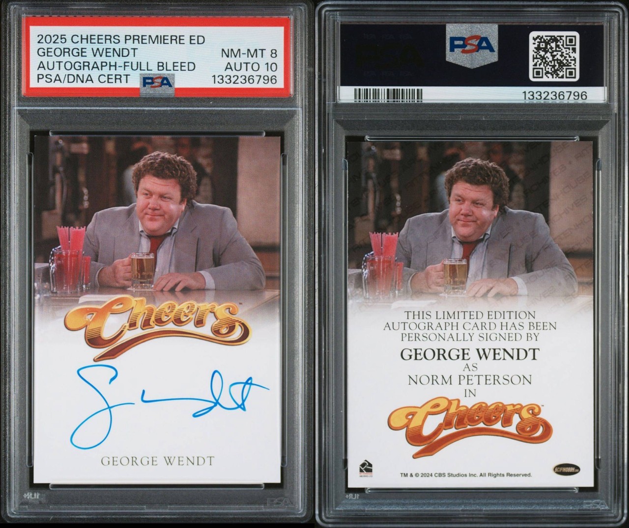 GEORGE WENDT 2025 RITTENHOUSE CHEERS PREMIERE FULL BLEED AUTO SP PSA 8/10 POP 2�