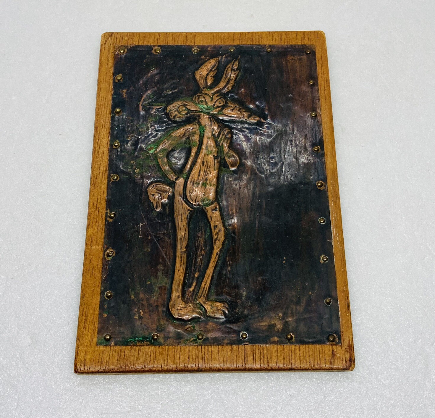 Rare 1970s Looney Tunes Wile E Coyote Copper Tin On Wood Plaque Art Decor 27