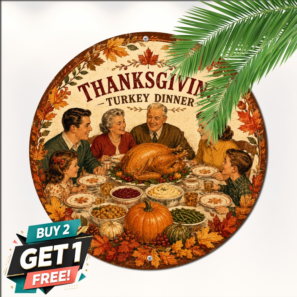 Thanksgiving Turkey Dinner Feast Round Metal Sign Restaurant Caf Buffet Tin Art