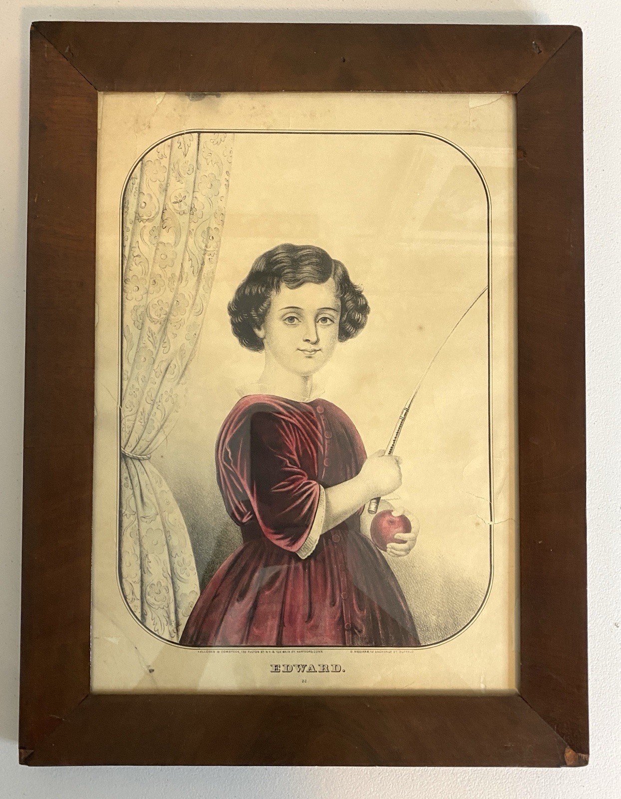 Antique Mid 19th Century Picture Frame W/Antique Realism Litho Fits 10 x 14”