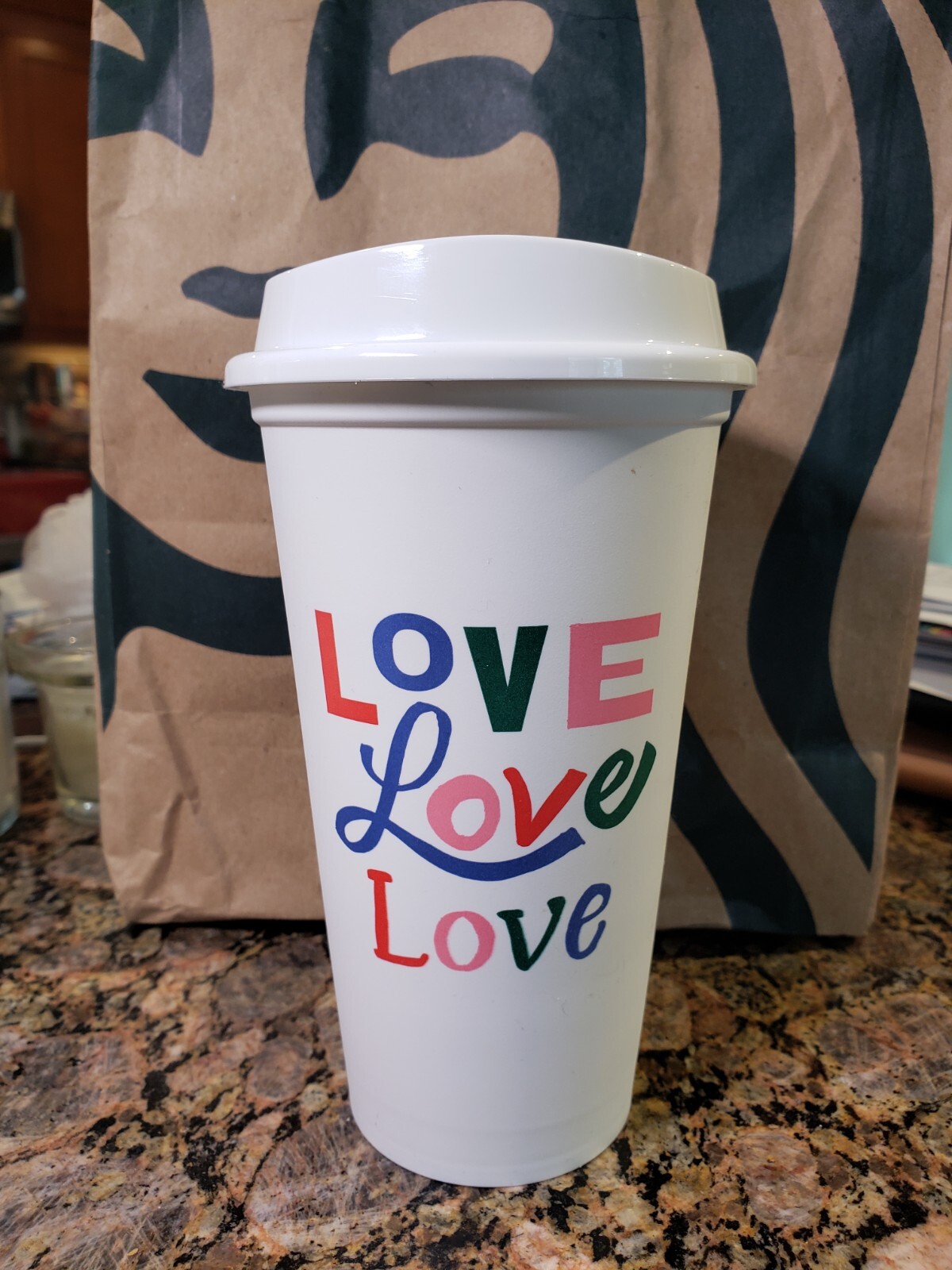 Starbucks reusable white plastic Hot Cup with Lid 16 oz. – Love themed on back