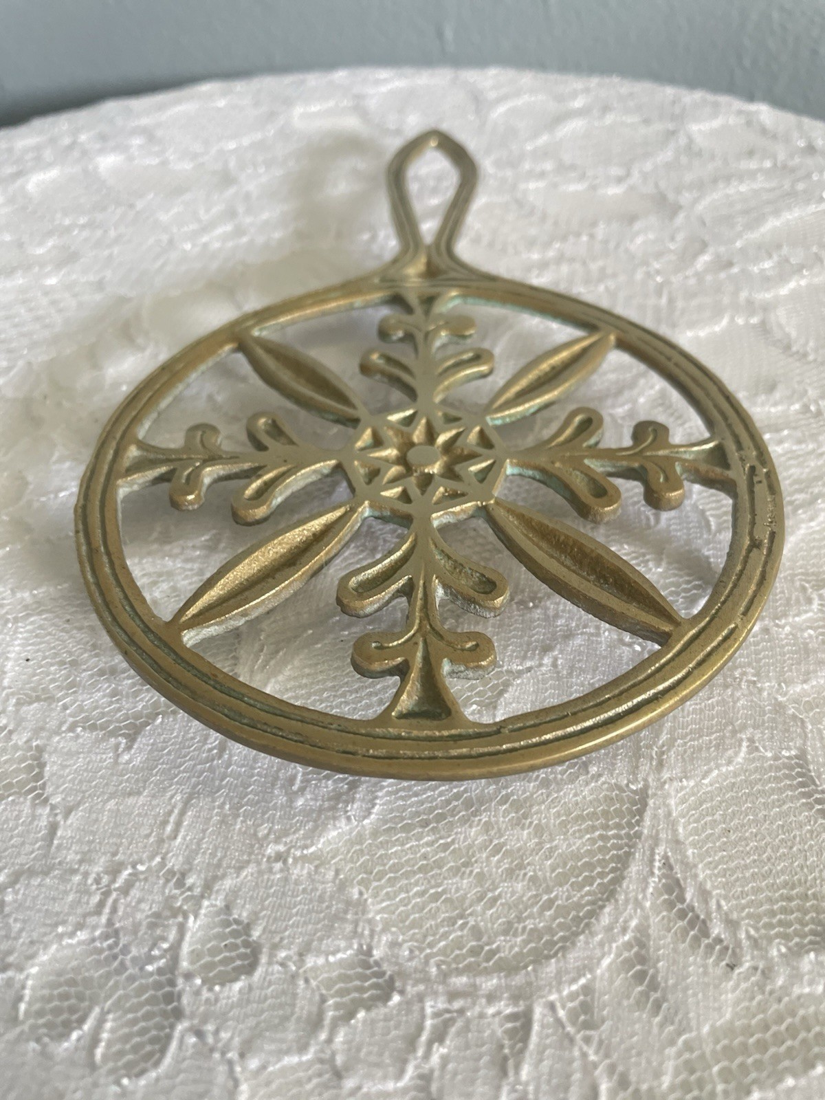 Vintage Solid Brass Floral Footed Trivet, Wall Decor 4 in Diameter, 7 in Length