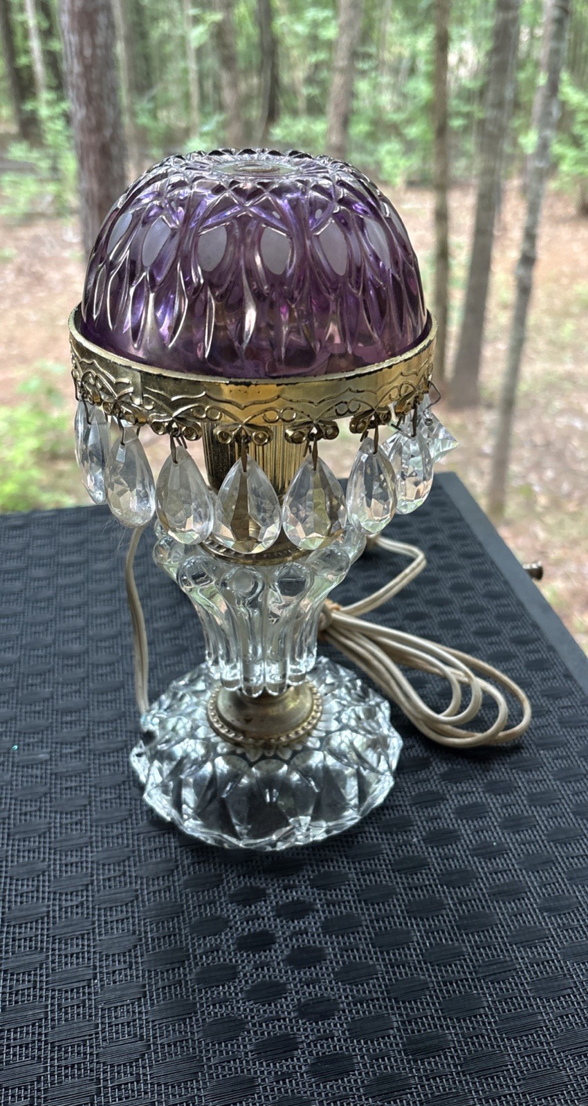Michelotti Crystal Vintage Accent Lamp Purple Shade w/ Hanging Crystals READ