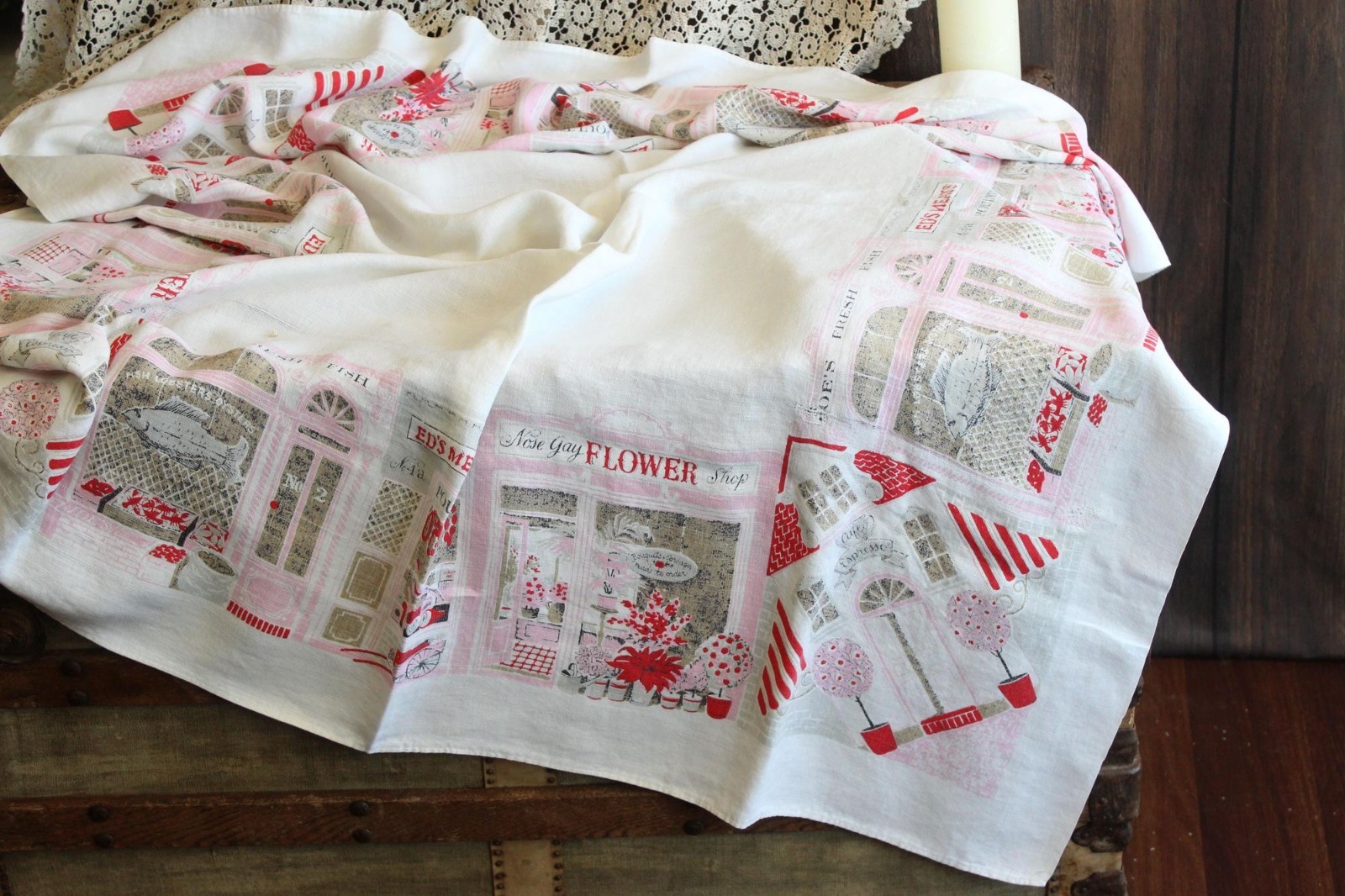 Vintage 1950s Tablecloth, Novelty Storefront Print White Linen Table Topper