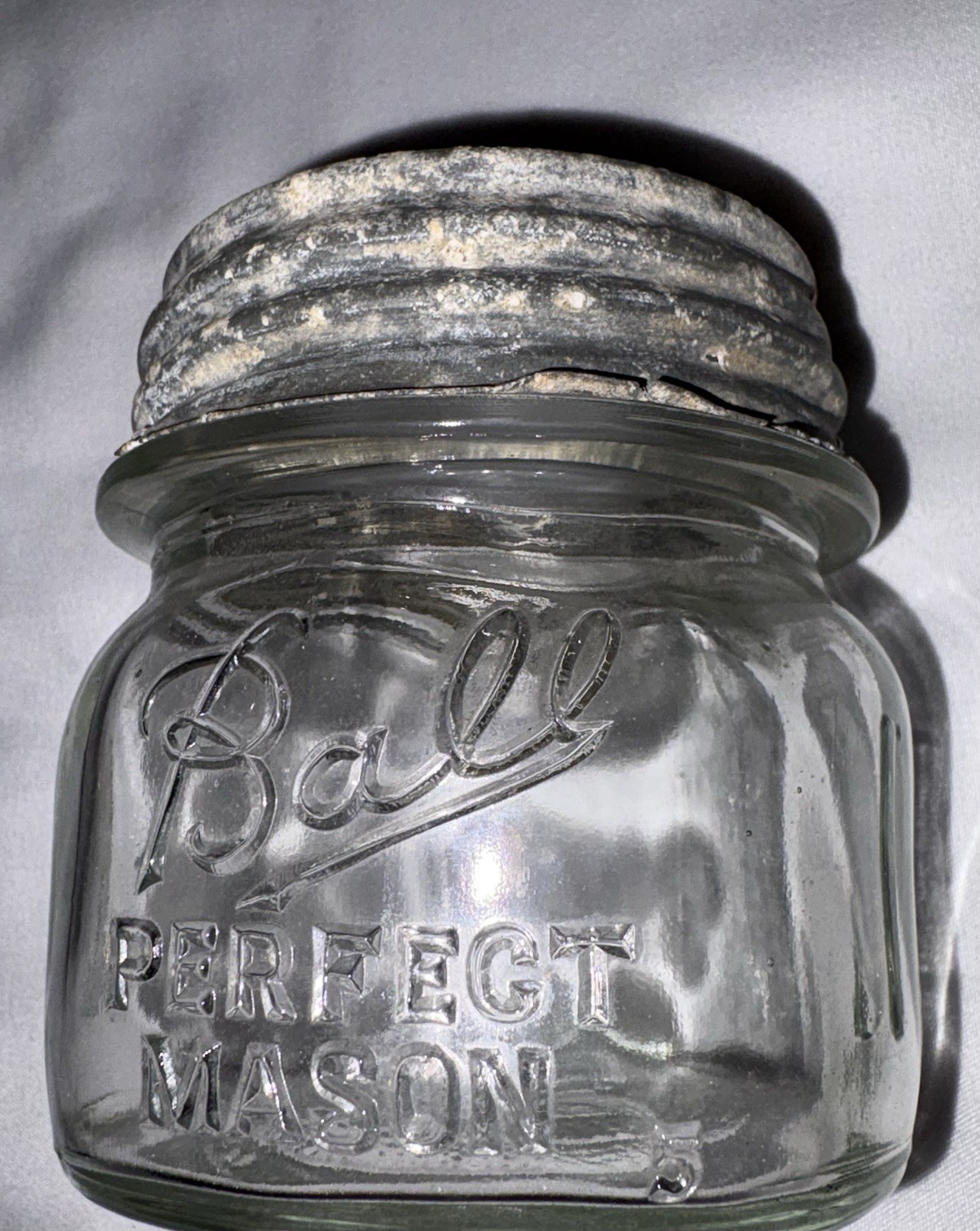 Vintage Ball “Half Pint” 4″ tall Clear Glass Jar with Zinc Lid