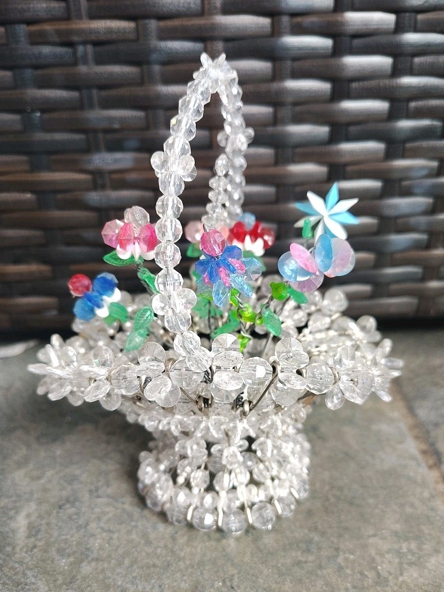 Vintage Beaded Safety Pin Basket With Flowers Mid Century Handmade