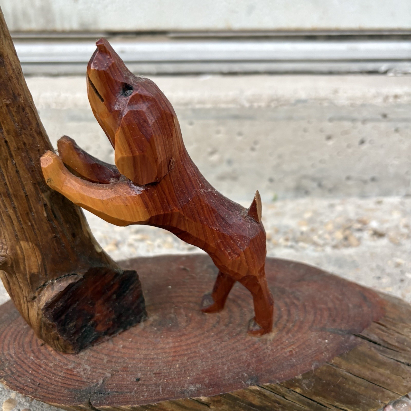 Eugene Ownby Dog Chasing Bear Up Tree Folk Art Carving Carved Wood Signed 1998