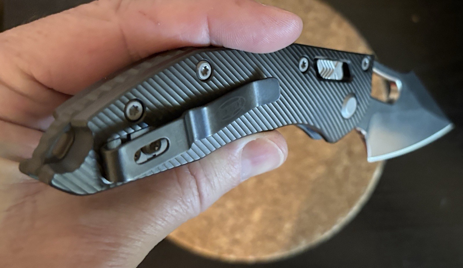 Custom anodized titanium EDC knife – Black – 3.54″ stonewashed D2 blade
