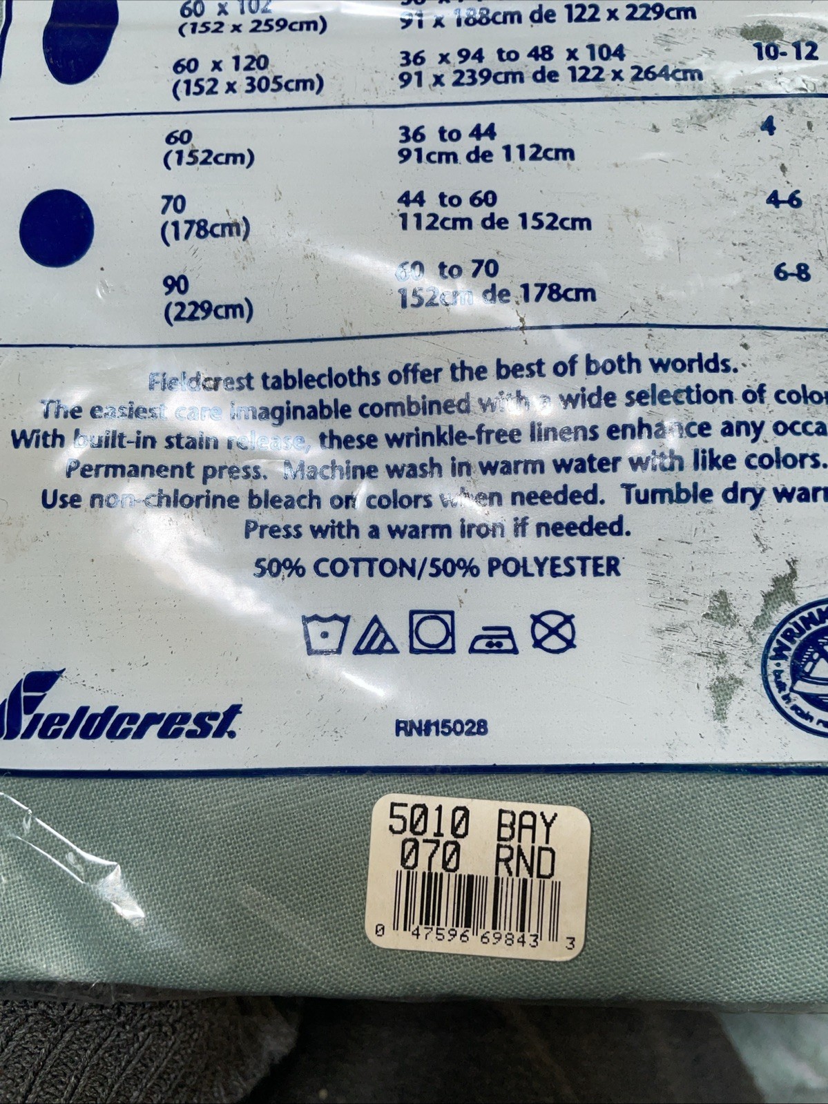 Fieldcrest Cotton & Polyester Tablecloth 70” Round Green Machine Wash New Sealed